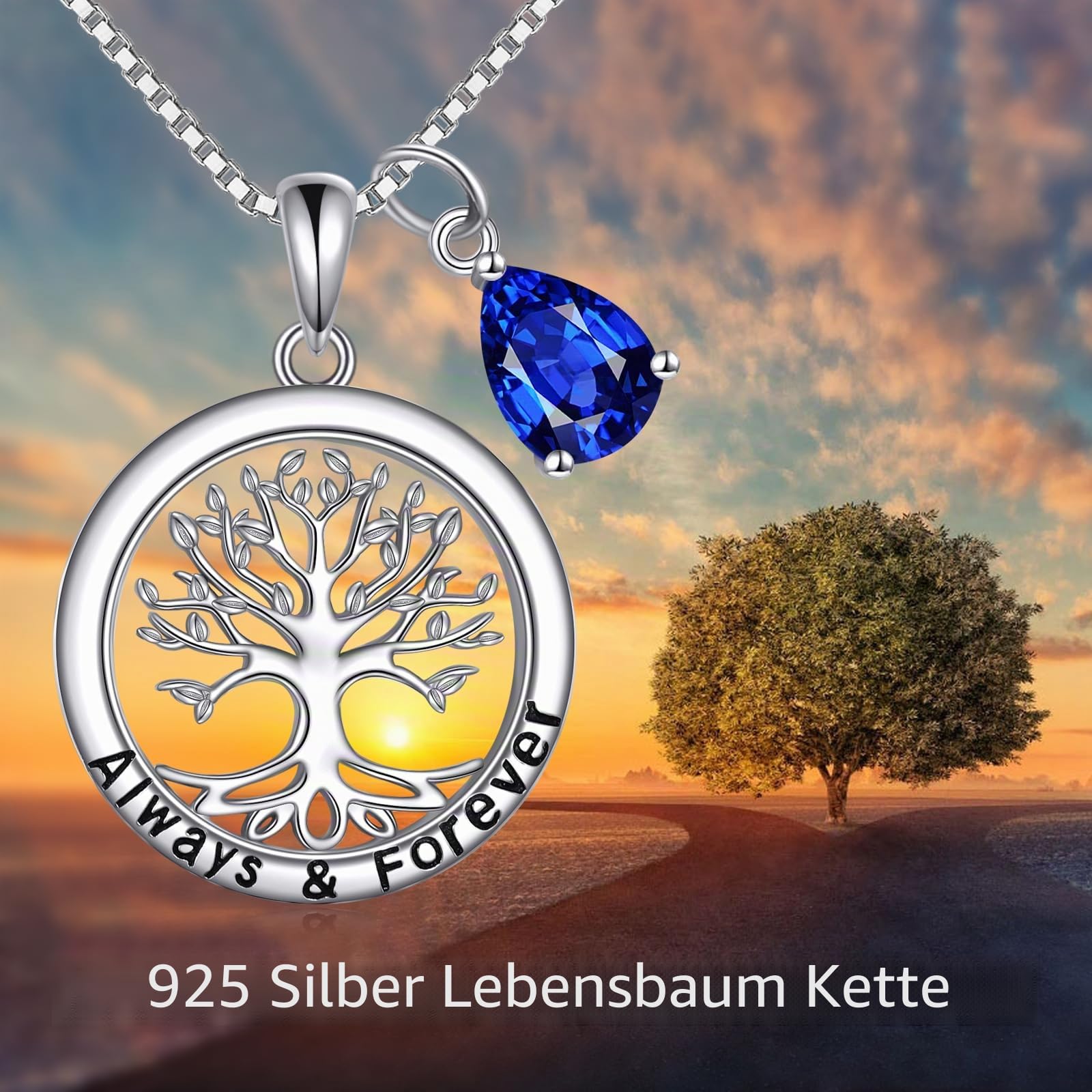 YFN Baum des Lebens Halskette 925 Sterling Silber Lebensbaum Anhänger Familie Baumschmuck September Geburtsstein Muttertag Geschenk für Damen Mutter Großmutter