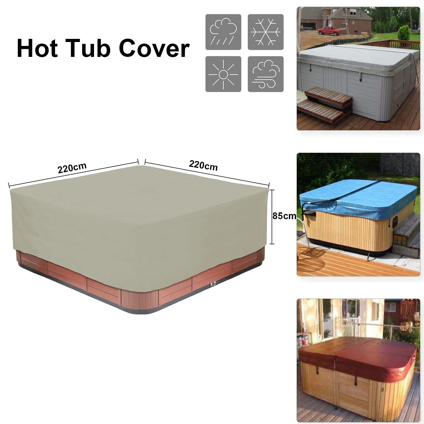 Pokrowiec na wannę z hydromasażem do spa na zewnątrz 220 x 220 x 85 cm wodoodporna ochrona przed promieniowaniem UV tkanina Oxford 210D kwadratowy beżowy pokrowiec do jacuzzi