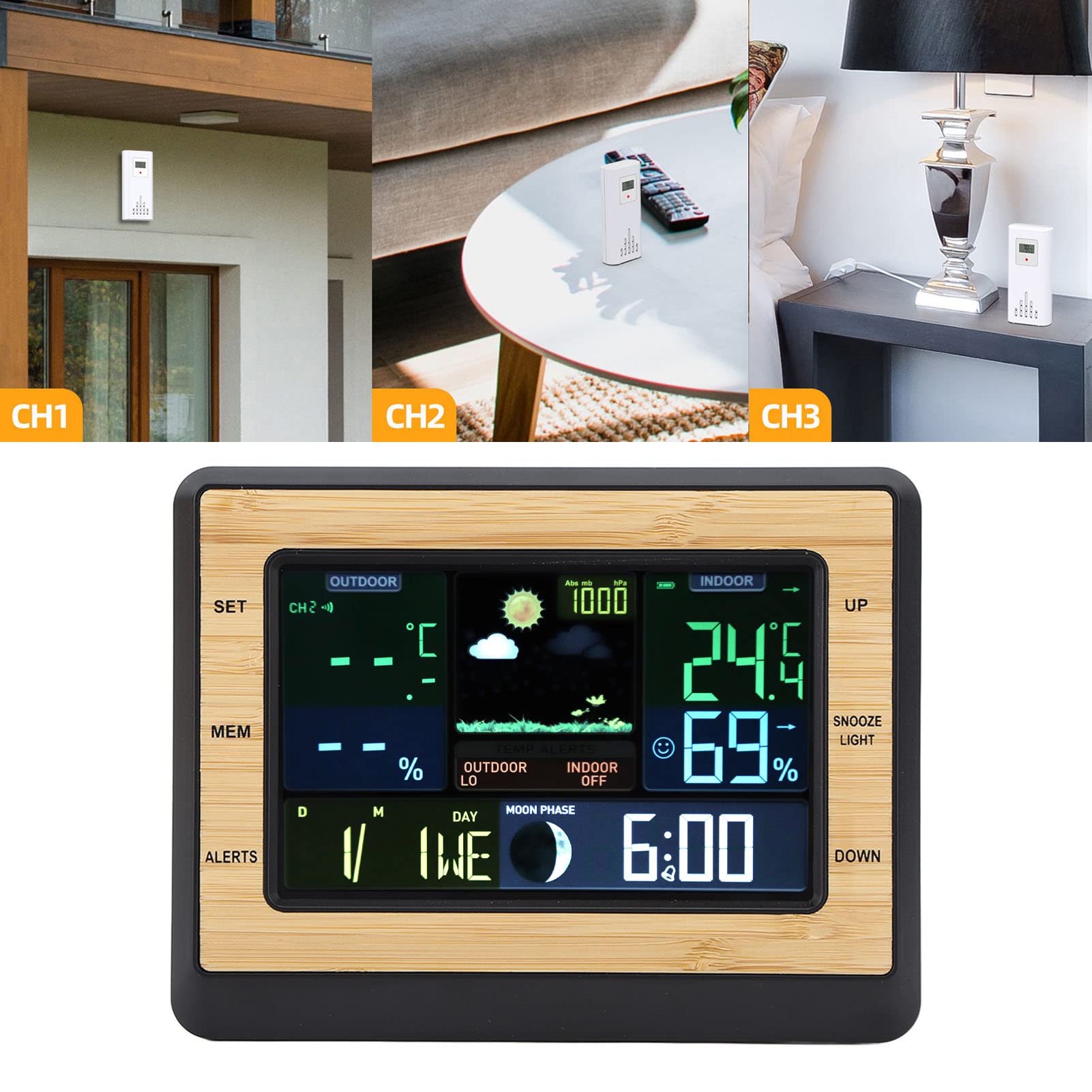 Termometro wireless per interni ed esterni con stazione meteorologica, monitor digitale per umidità e temperatura con display a colori con previsioni, barometro, fasi lunari e