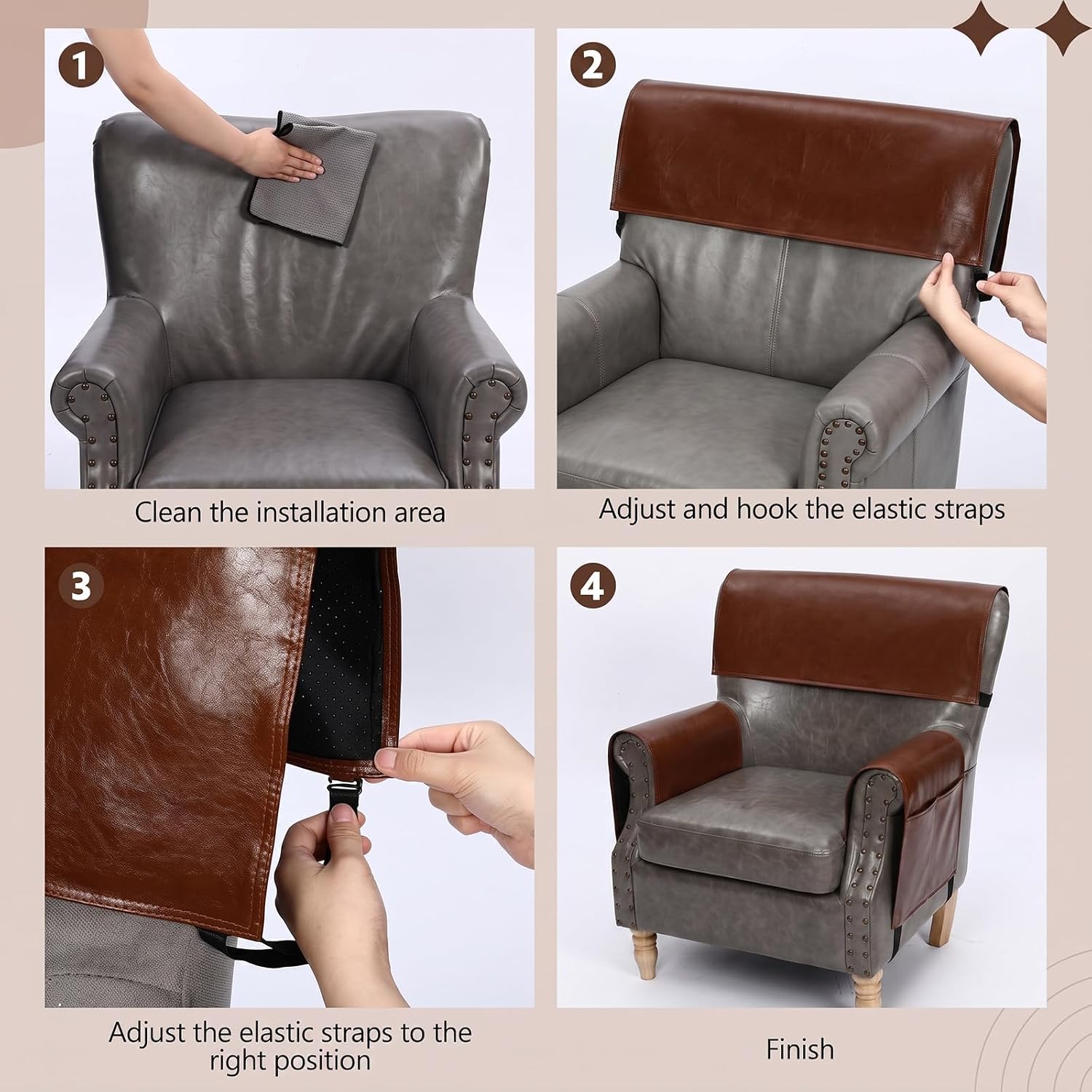 Hosuly 3 Pcs Large Recliner Headrest Protector with Armrest Covers Set | Faux Leather, Waterproof Non Slip, Arm Chair Covers with Side Pockets, Recliner Sofa Furniture Protectors with Elastic Belt