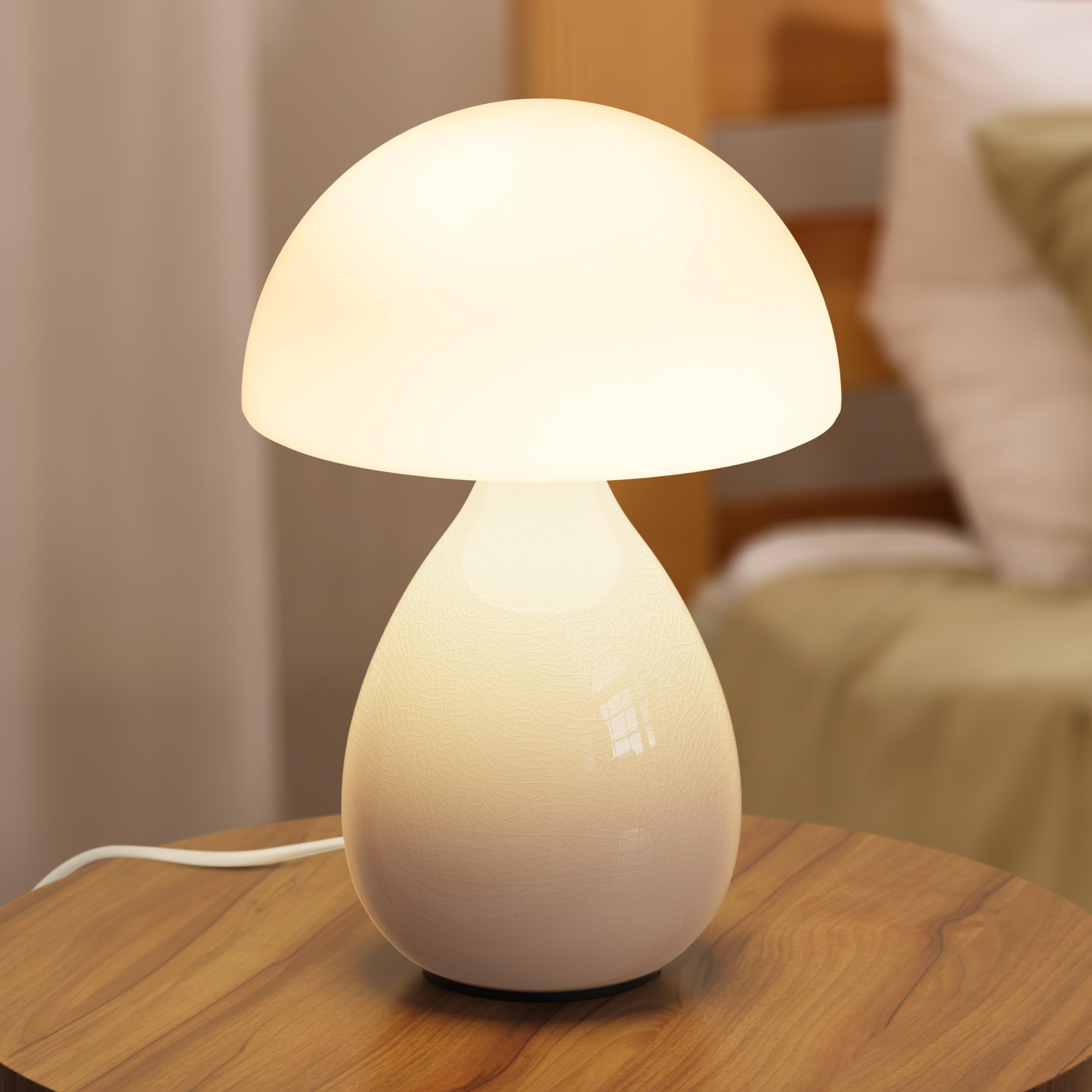VanBoLon Mushroom Lamp Small Vintage Table Light, Mini Modern Lamp Bedside Nightstand Light, Small Light Dimmable for Bedroom, Living Room, Ceramic Base Glass Led Home Decor for Woman Gifts