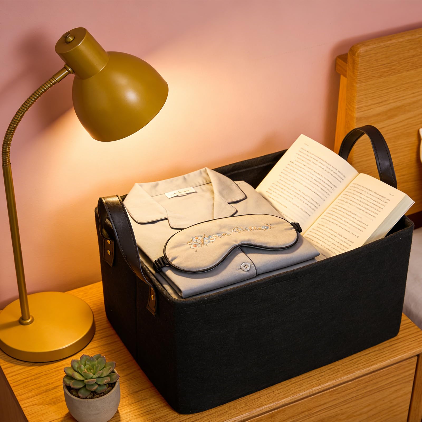 Lot de 3 paniers de rangement pliables en feutre avec deux poignées, panier de rangement pour vêtements, magazines, journaux - Noir
