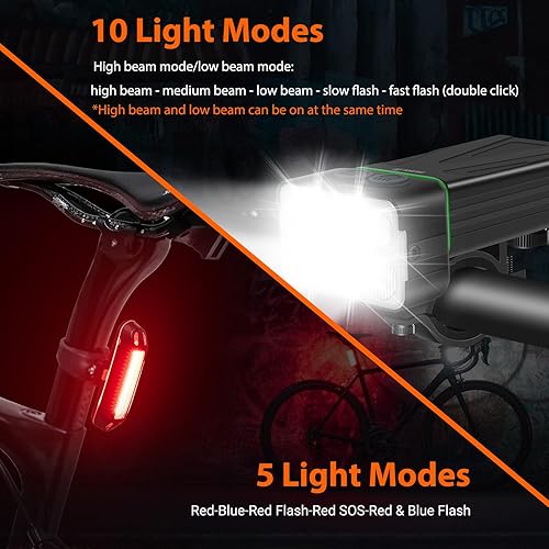 Miniatura 2 de BORUiT Bike Lights for Night Riding, Bicycle Light Front Headlight and Back Taillight with 8+5 Light Modes, USB Rechargeable Bright Bike Headlights