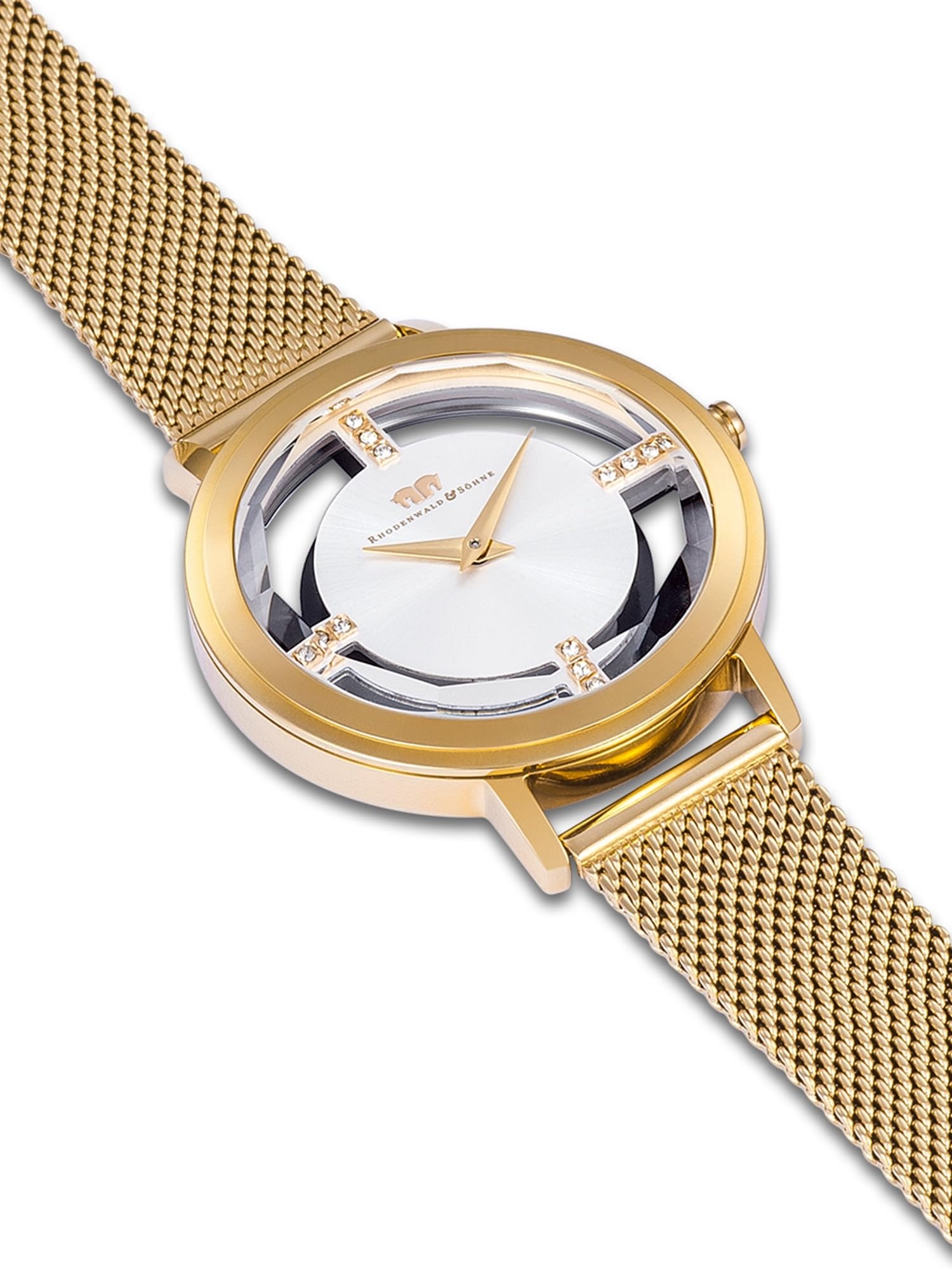 Rhodenwald & Söhne Lucrezia Damen Uhr Edelstahl Gelbgold 3 ATM Quarzwerk | Milanaise-Armband,verzier mit Kristallen,Mineralglas,analog,weißes Zifferblatt,Armbanduhr,Fashionuhr,Skeletonoptik,10010419