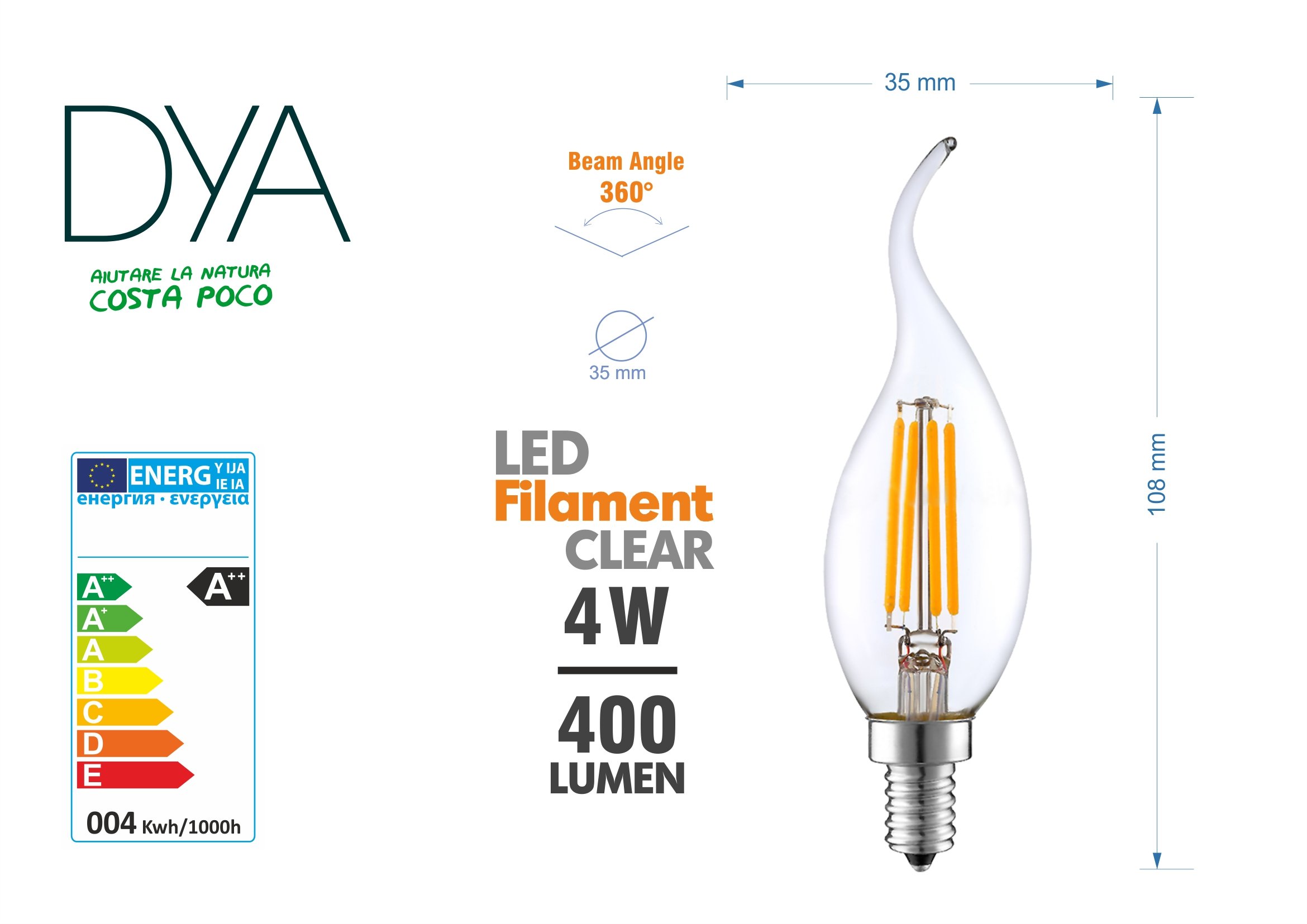Juego de 10 Bombillas Filamento LED golpe de viento C35L, 4 W 400 lm, casquillo E14, luz cálida 2700 K, ángulo de iluminación color 360 °