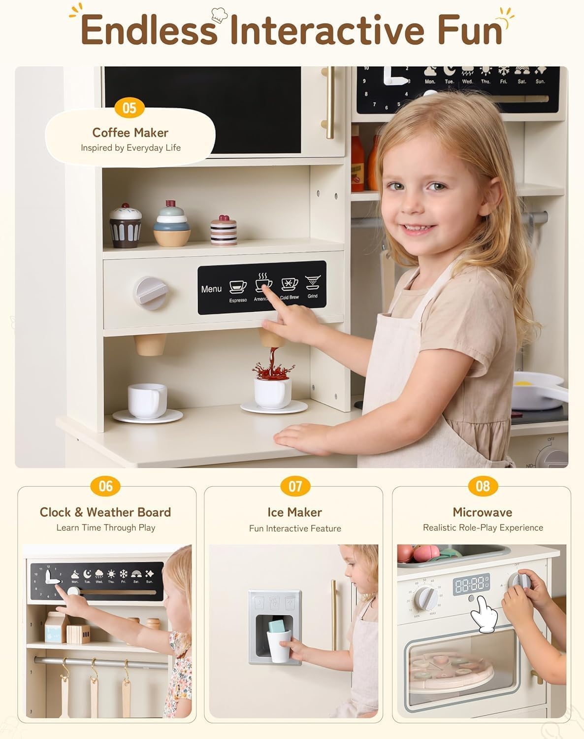 besrey Cucina Giocattolo per Bambini in Legno 105cm con Luci e Suoni, Beige | Con microonde, dispenser di ghiaccio e area per la raccolta differenziata; ampio spazio per giocare insieme dai 3 anni