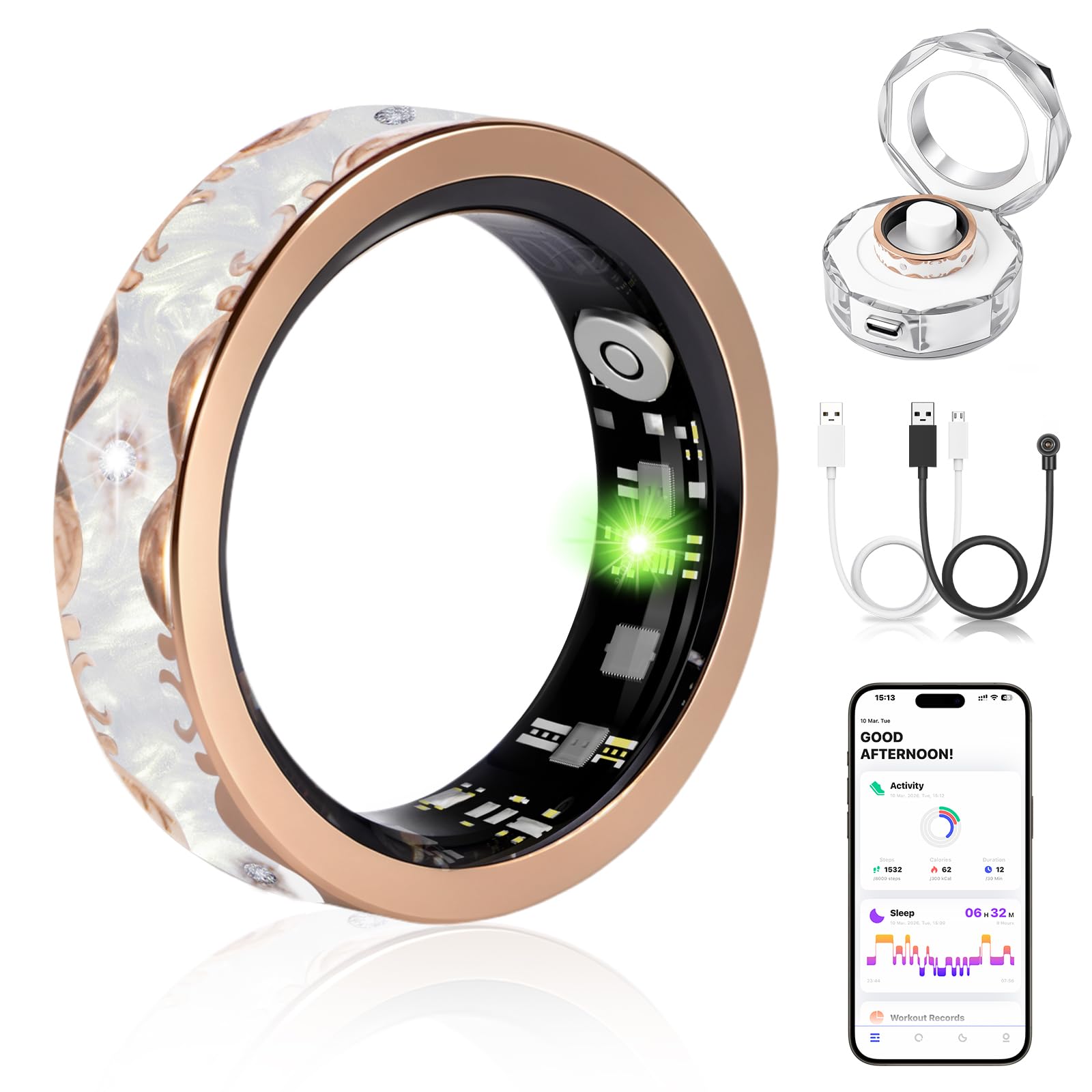 Bague intelligente pour homme et femme – Bague de suivi de santé étanche IP68 avec fréquence cardiaque, comptage de pas, surveillance du sommeil, sans frais d'abonnement pour iPhone/Android