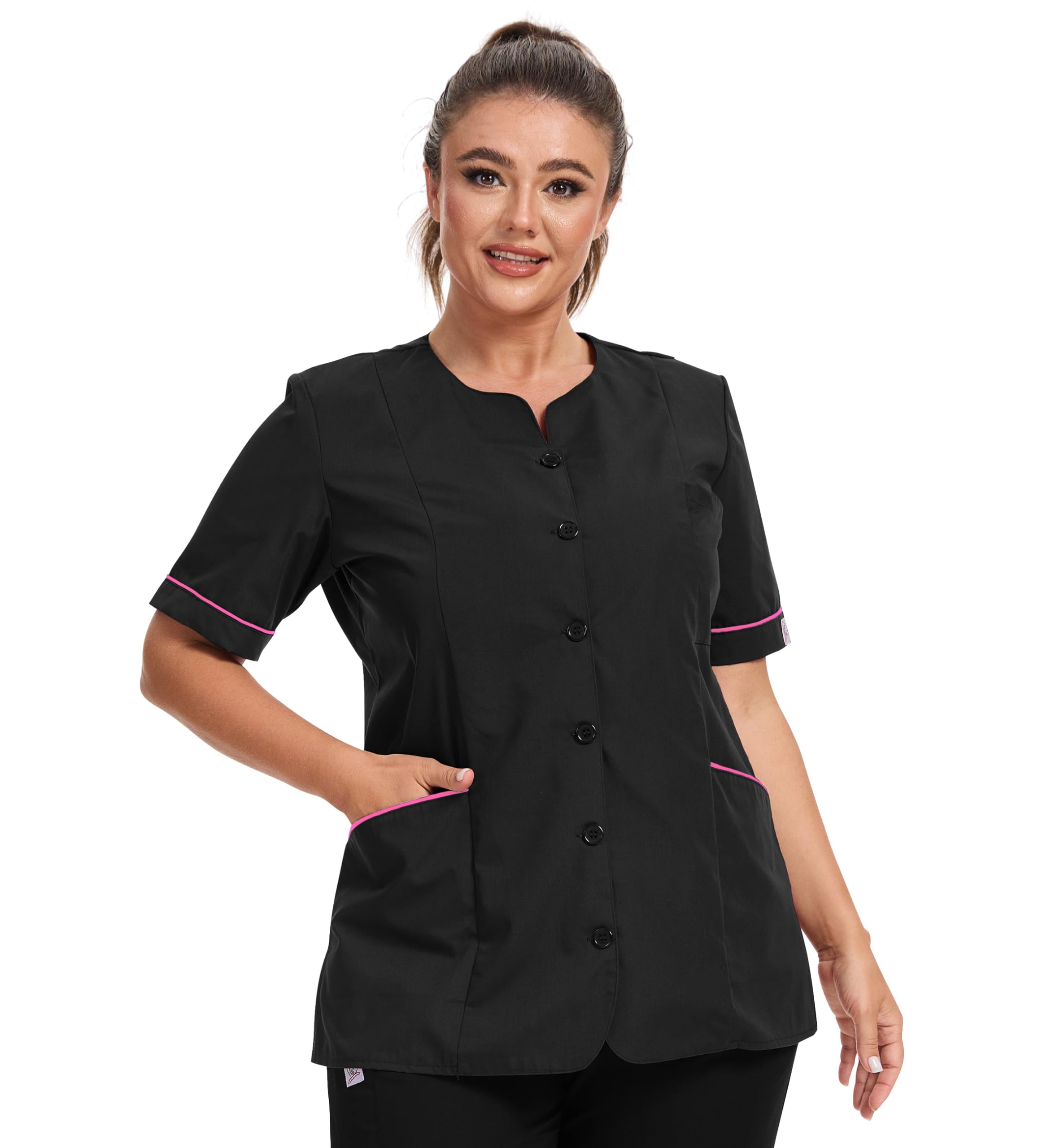 JONATHAN UNIFORM Womens Beauty Tunic Scrub Top with 3 Pockets for Beauty, Elderly Carer, Massage(Black, L)