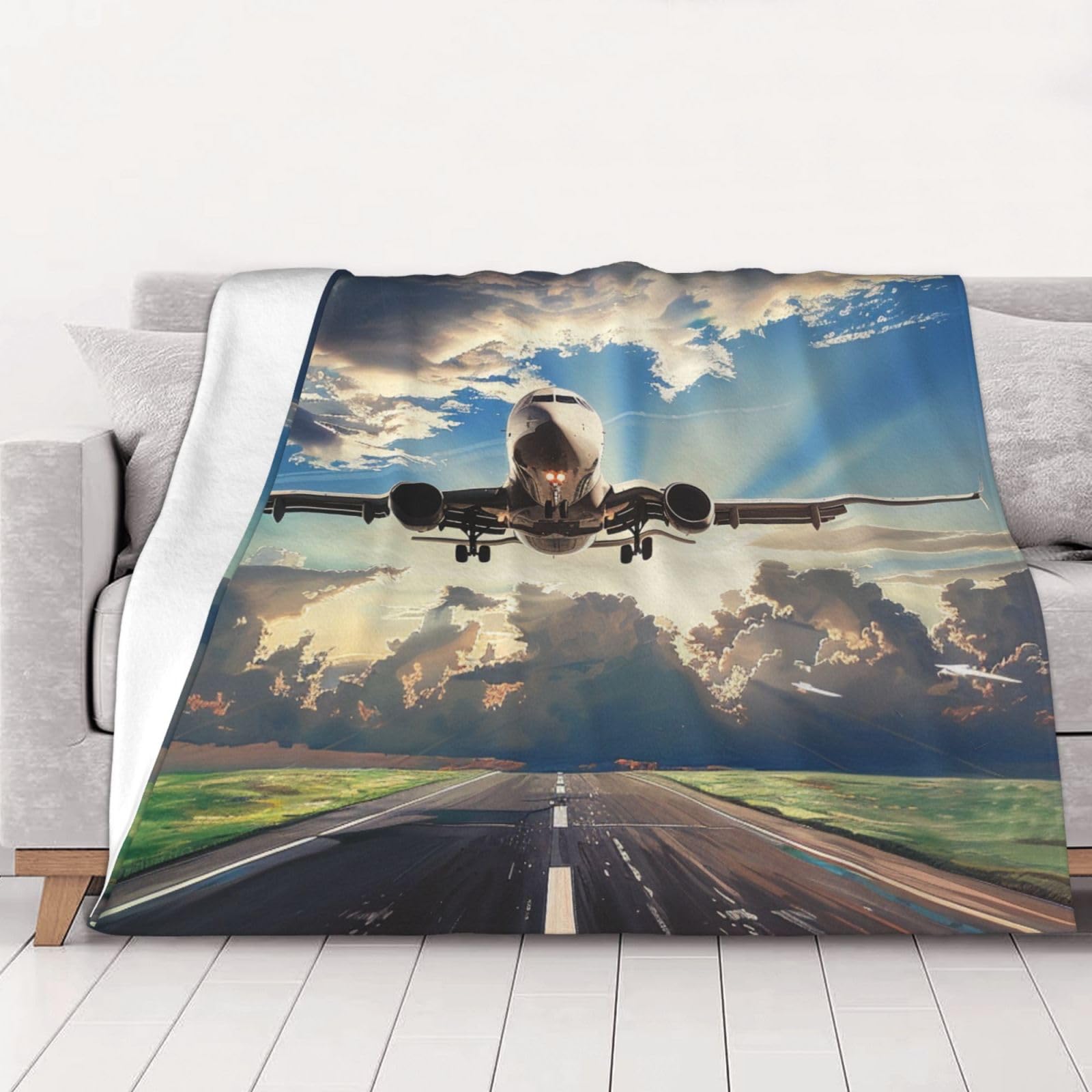 AUBKFELD Airplane Printed Flannel Blanket 125x100 CM, Soft & Warm Throw Blanket for Sofa/Couch/Bed/Car, Gifts for Audlts Women Men