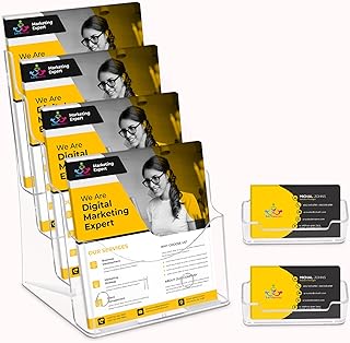 Acrylic Brochure Holder 8.5 x11”, 4 Tier Clear Literature ​​Magazine Stand with Removable Divider for 4 x 9 Pamphlet Display Brochure with Business Card Holders- Wall Mount & Countertop