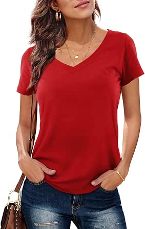 Amoretu Women's Summer V-Neck T-Shirt - Casual Cut Open Shoulder Tunic Top (Pink, Large)