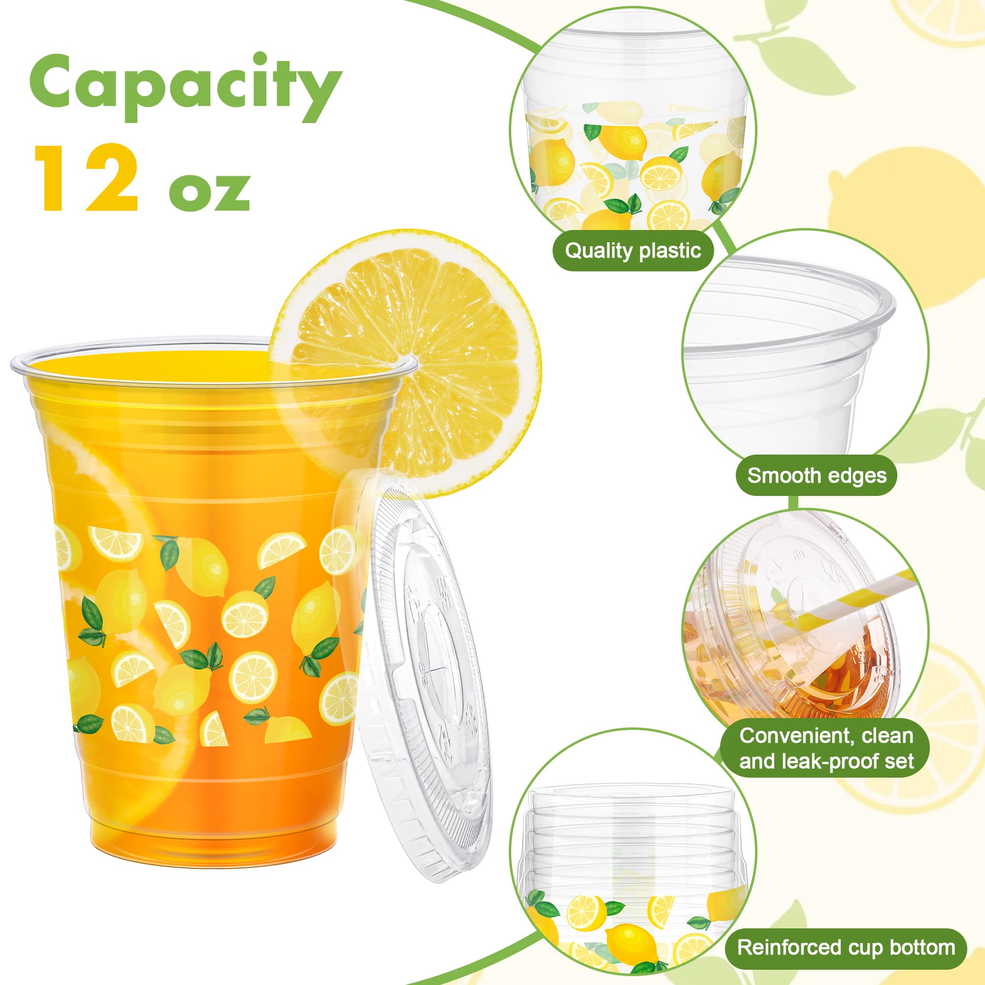Kochorie Paquete de 2 dispensadores de bebidas de plástico de 2.3 galones con espiga, 50 vasos desechables de plástico de limón de 12 onzas con tapa, dispensador de bebidas de popote para limonada