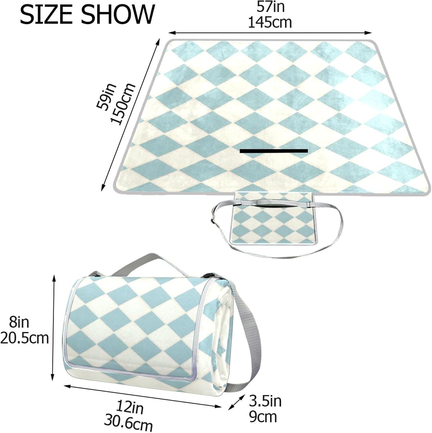 MNSRUU Picnic Blanket Waterproof Foldable, Light Blue White Diamond Large Outdoor Picnic Blanket Beach Blankets Camping Blanket Travel Mat, Shoulder Strap Tote, Rectangle 57x59in