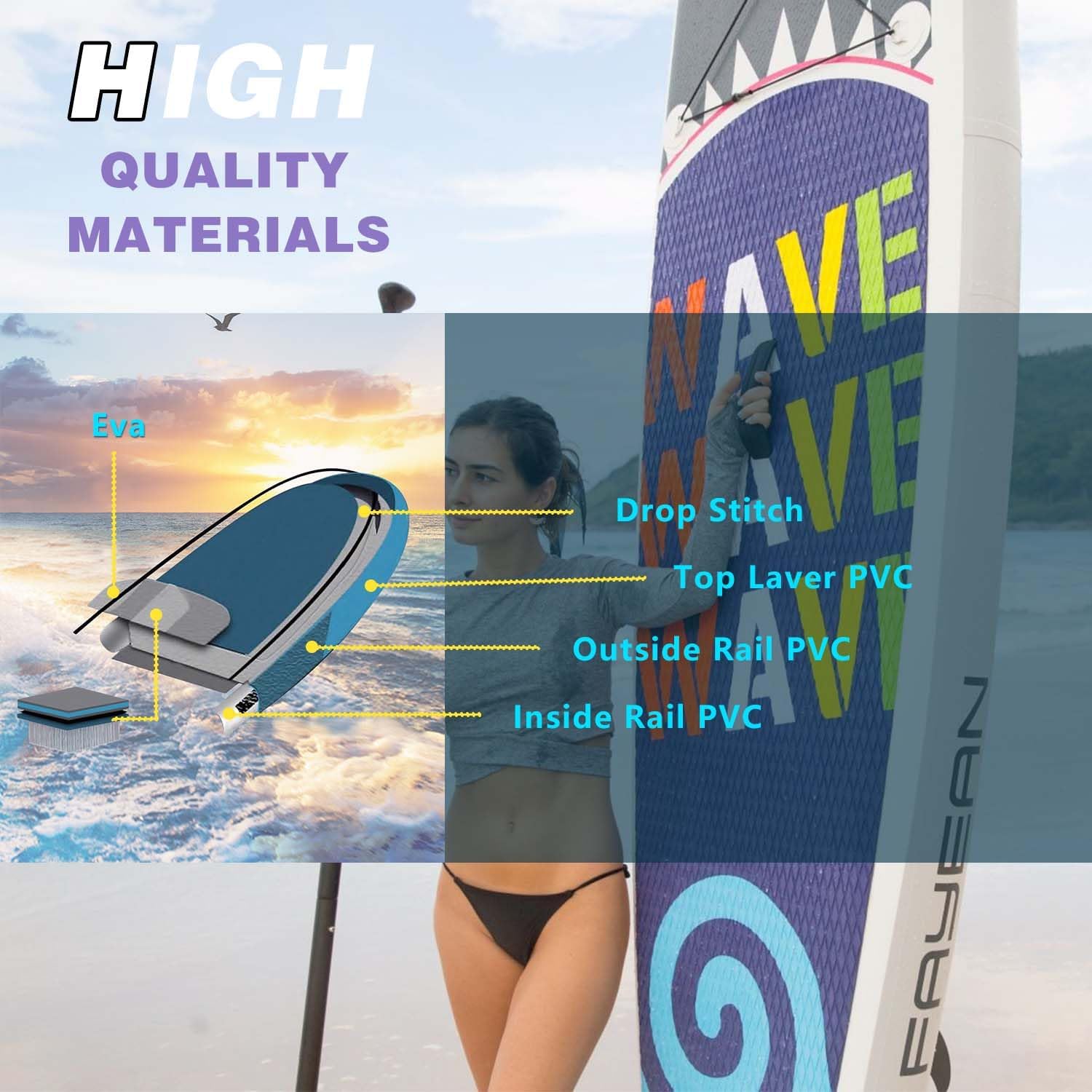Inflatable Paddle Board 10'6''/11' Wide for Adults, with Premium SUP Accessories - 3 Fins, Adjustable Paddle, Safety Leash & Waterproof Phone Bag (Shark 10'6"*33"*6")