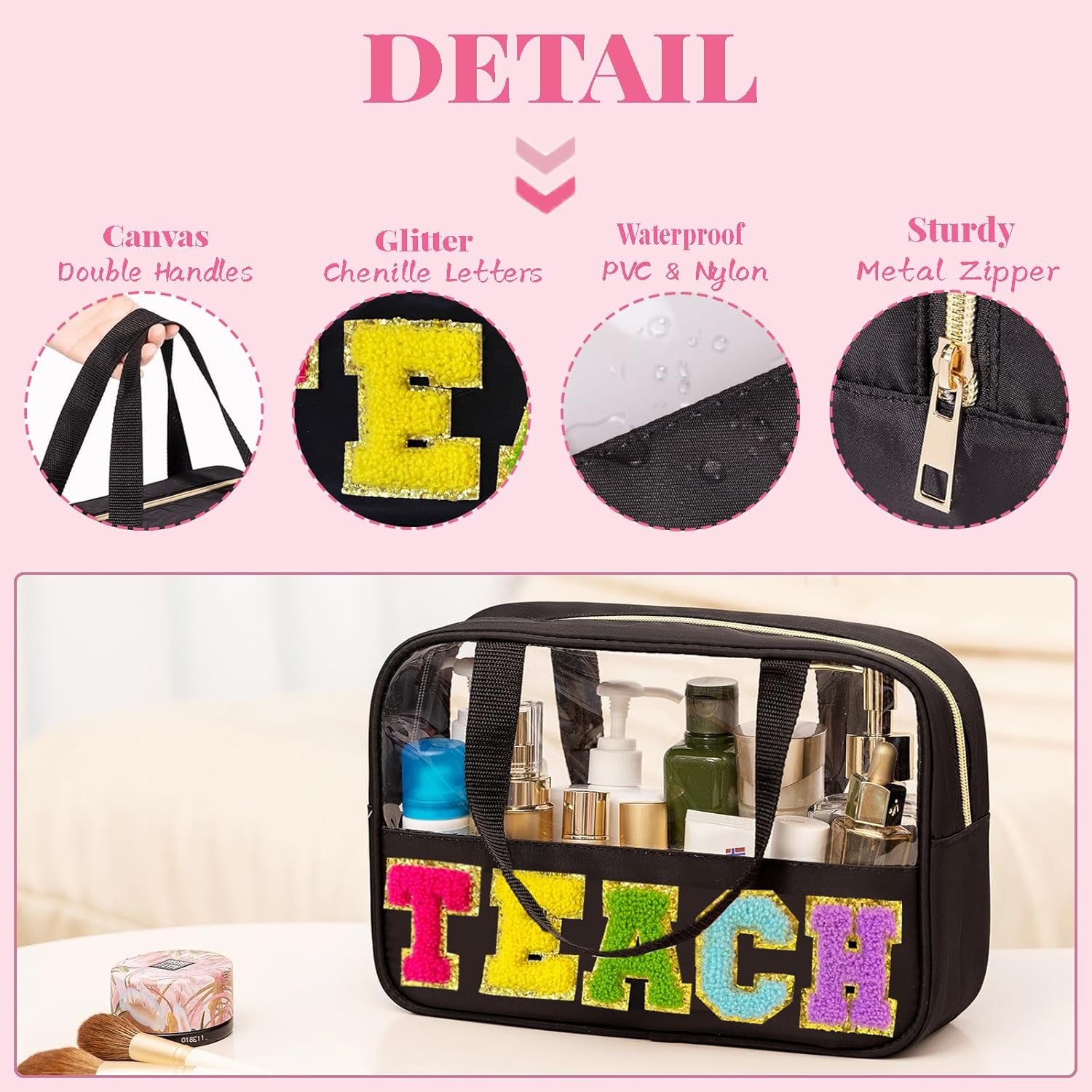 Teacher Appreciation Gifts, Chenille Letter Teacher Tote Bag with Handle and Zipper, Waterproof Nylon Portable Makeup Toiletry Bag - Image 3