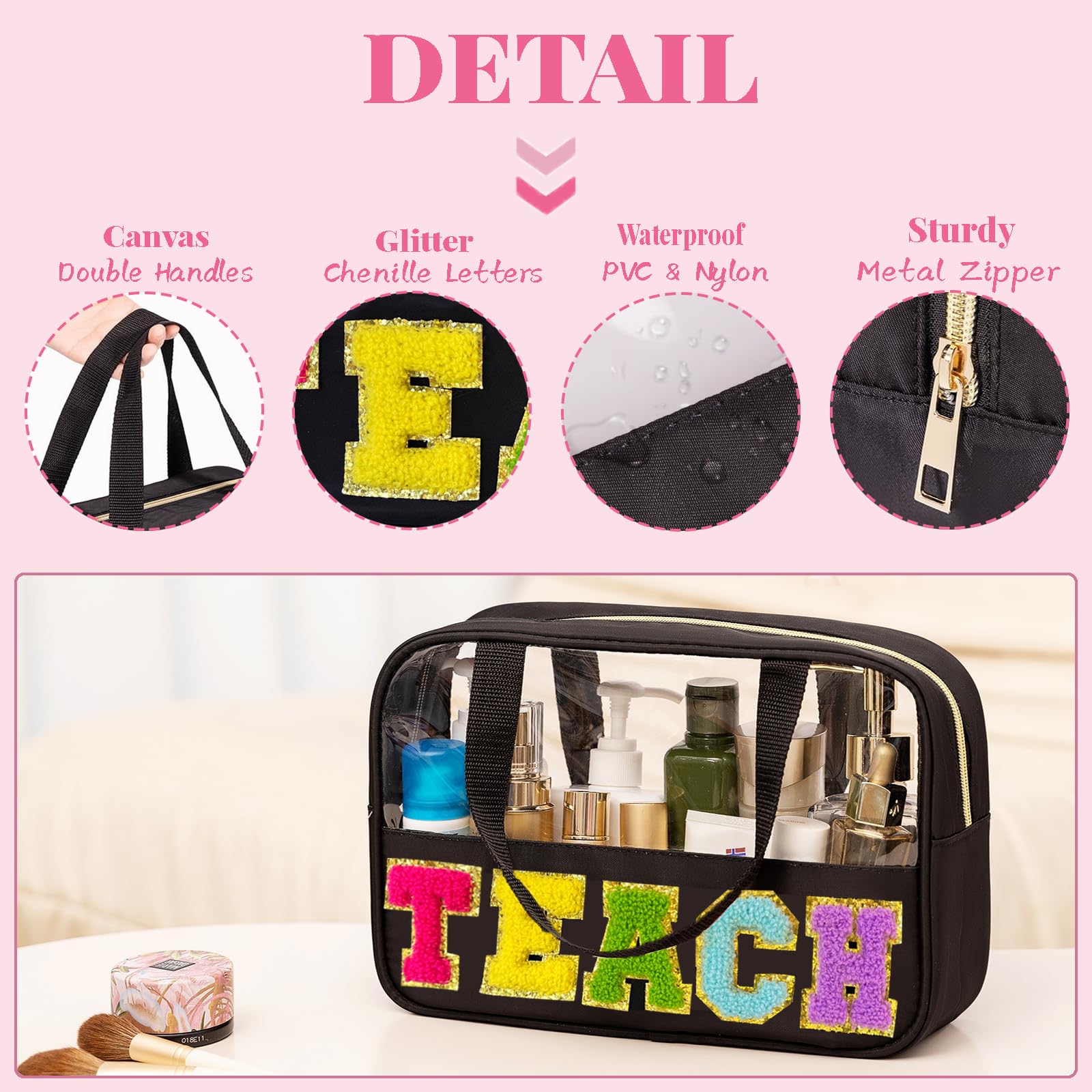 Kovewon Teacher Appreciation Gifts, Chenille Letter Teacher Tote Bag with Handle and Zipper, Waterproof Nylon Portable Makeup Toiletry Bag