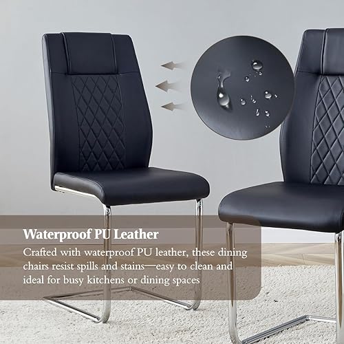 Miniatura 7 de Juego de sillas de comedor  4 sillas de cocina negras con respaldo alto con asiento tapizado de piel sintética impermeable y patas de metal cromadas