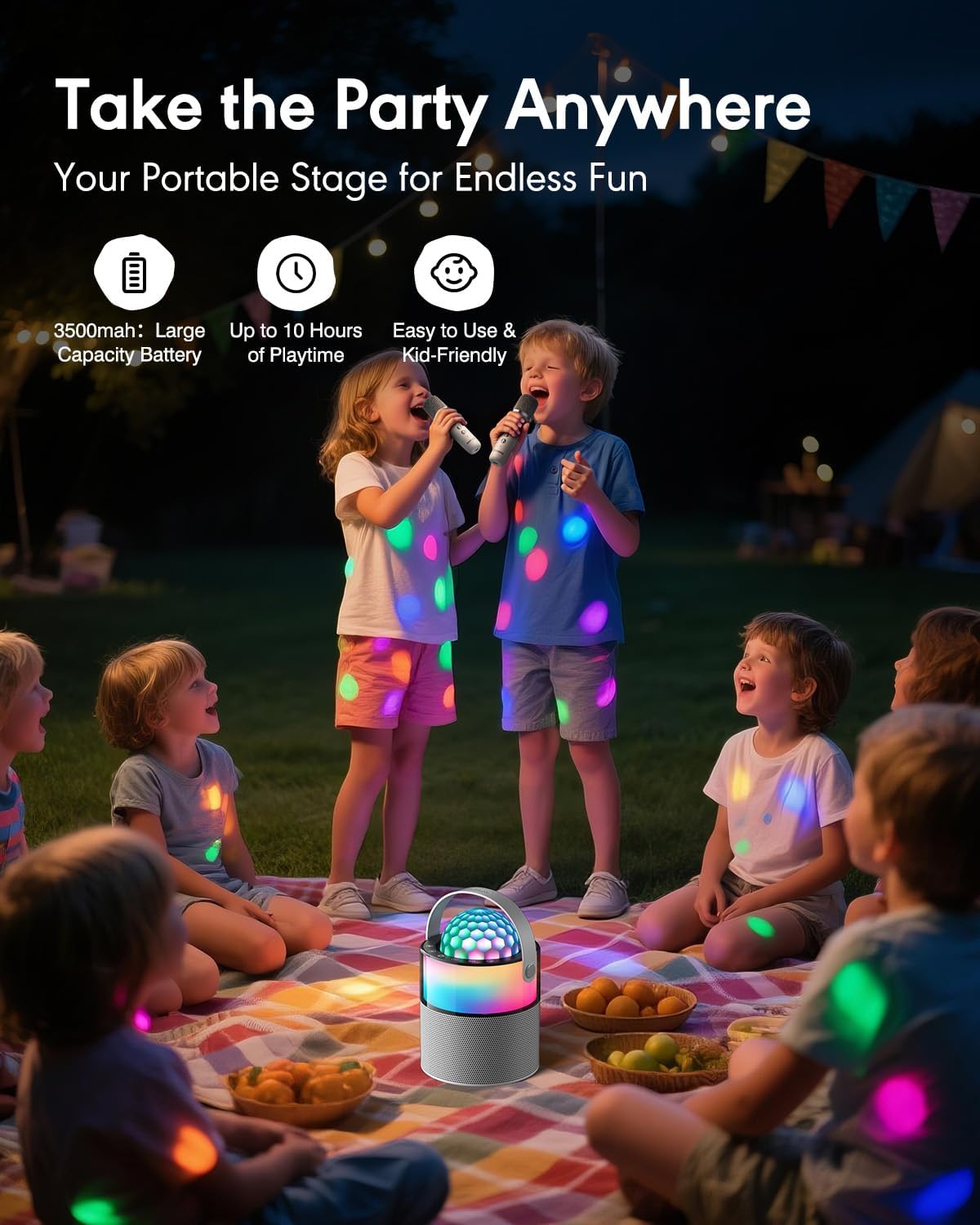 Karaoke Machine with Disco LED Lights, Mini Portable Bluetooth Speaker with 2 Wireless Microphones for Kids Adults, Gifts for Birthday Parties Travel, Toys for Girls Boys Family (White) - Image 6