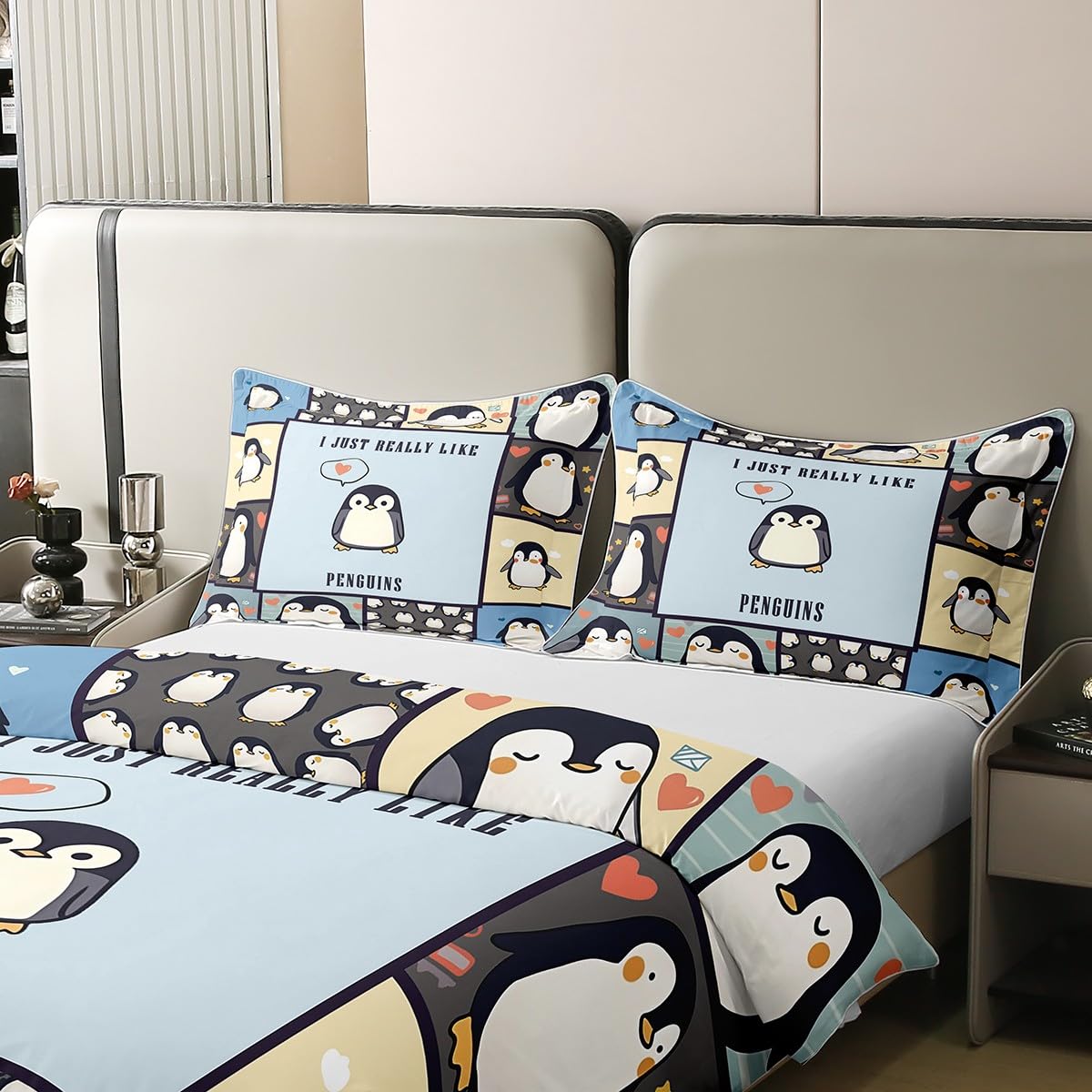 Homewish Penguin King Zestawy Poszwa Na Kołdrę Miłośnicy Pingwina Pościel Urocza Kreskówka Patch Pingwiny Poszewka Na Kołdrę Kawaii Urodziny Boże Narodzenie Zestaw Łóżek
