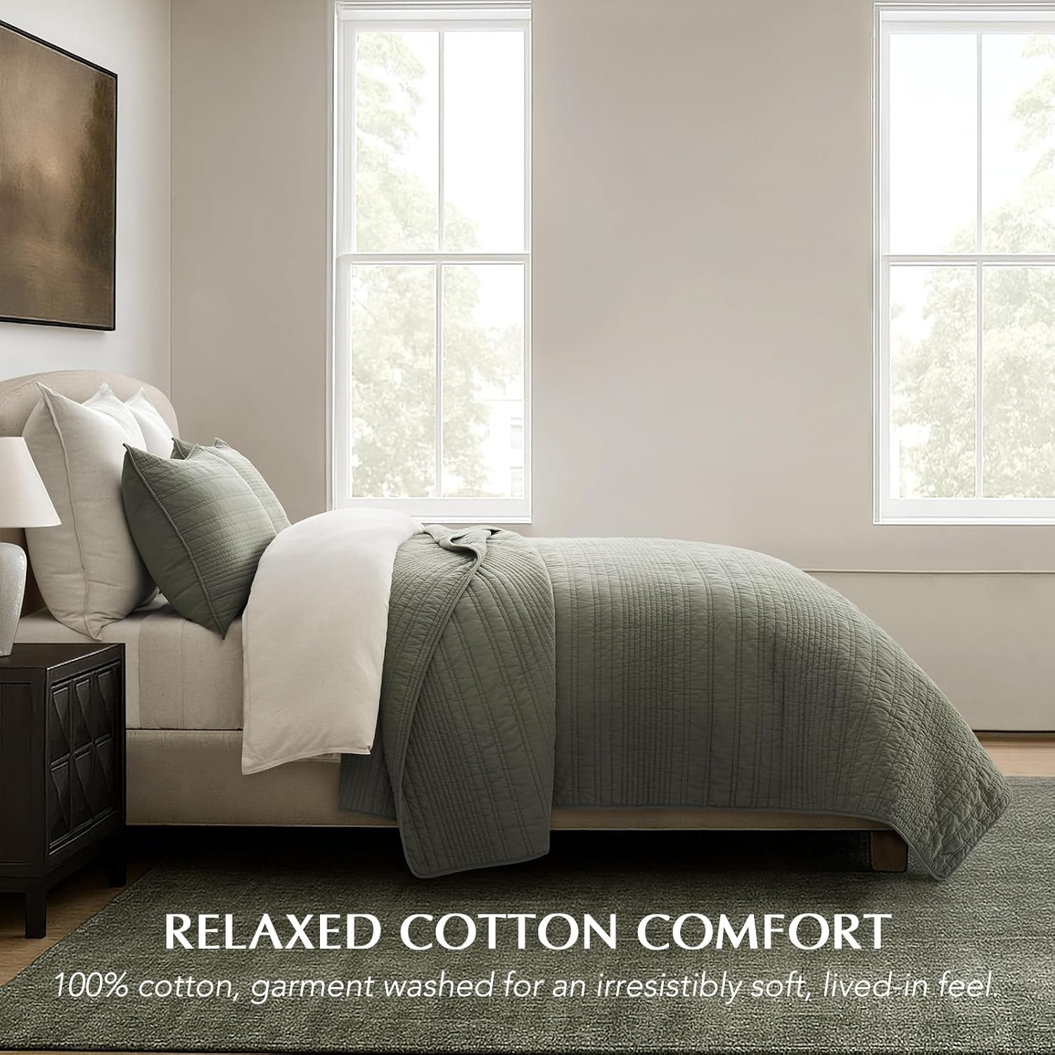 EVERGRACEHOME 100% Cotton Modern Lines Quilt Set King Size, Pre-Washed Soft Striped Coverlet Bedspread, 3 Piece Lightweight Bedding Set for All Season, with 2 Pillow Shams, Olive Green - Image 2