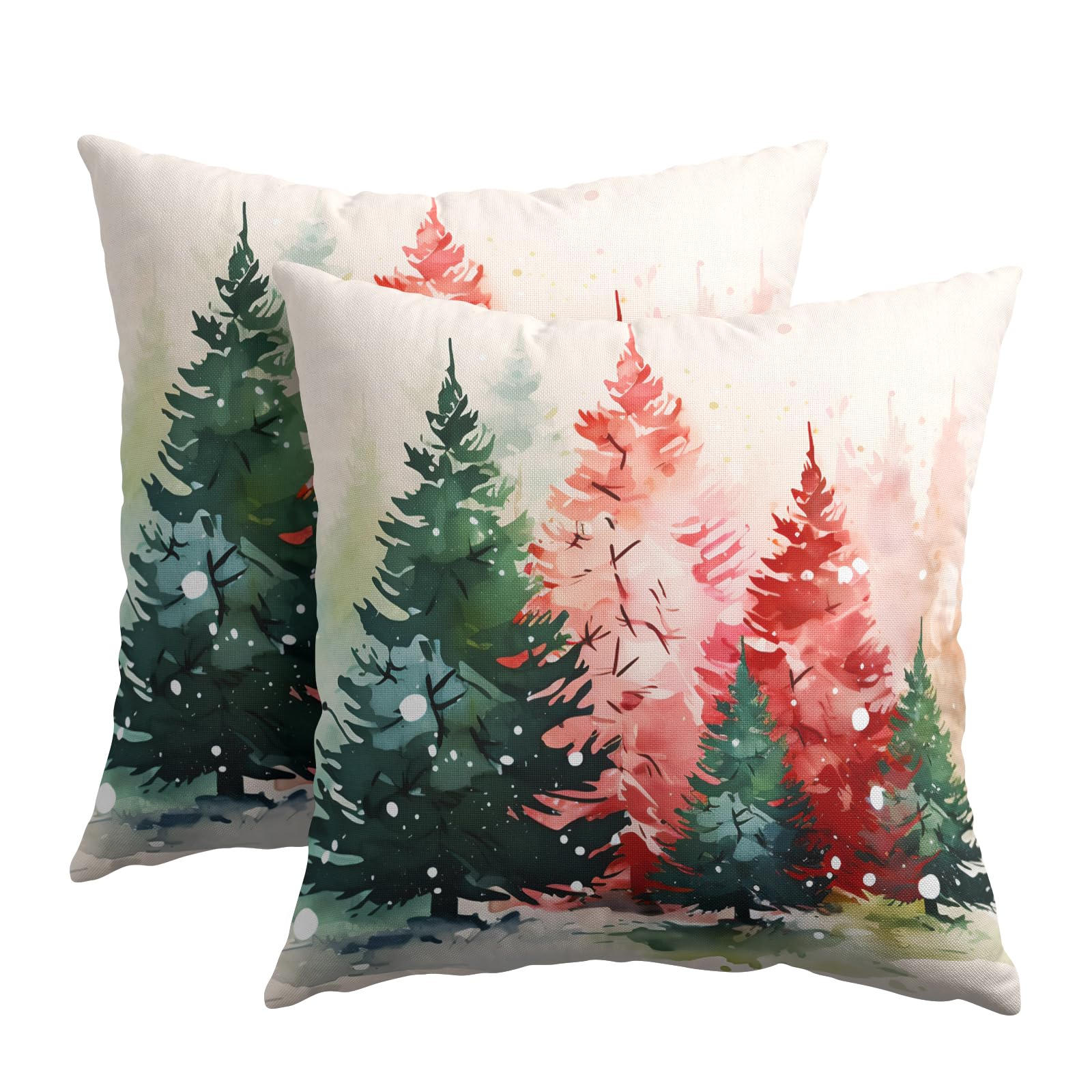 Kawani Winter Christmas Tree Pillow Covers 22 x 22 Inches Pack of 2 Red Green Xmas Trees Decorative Throw Pillows Cotton Linen Cushion Case for Sofa, Bed and Couch Room Holiday Decor โ image 1