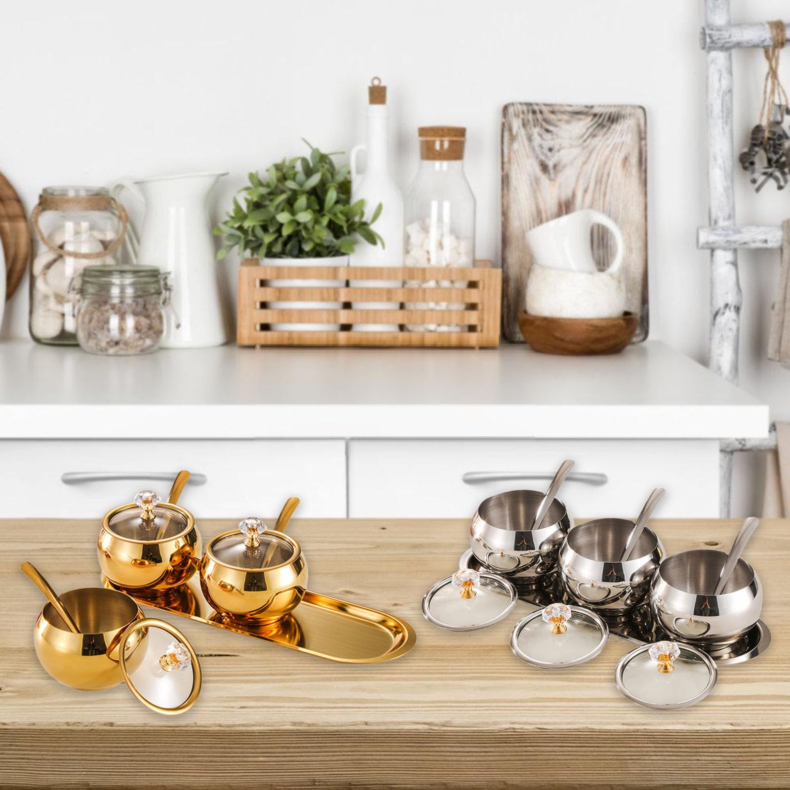 Générique Coffret d ' assaisonnement Polyvalent en Acier Inoxydable 304, 3 Compartiments, Pots à épices avec cuillères de Service et Plateau, boîte d ' assaisonnement avec cuillère