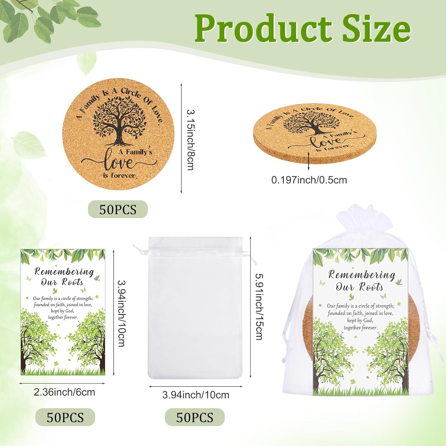 50 Sets Housewarming Decorations Coasters Gift Bulk-Family Reunion Gifts Bulk Cork Coasters with Greeting Cards Organza Bags Return Gifts for New Home Gift Guests Holiday Party Decorations