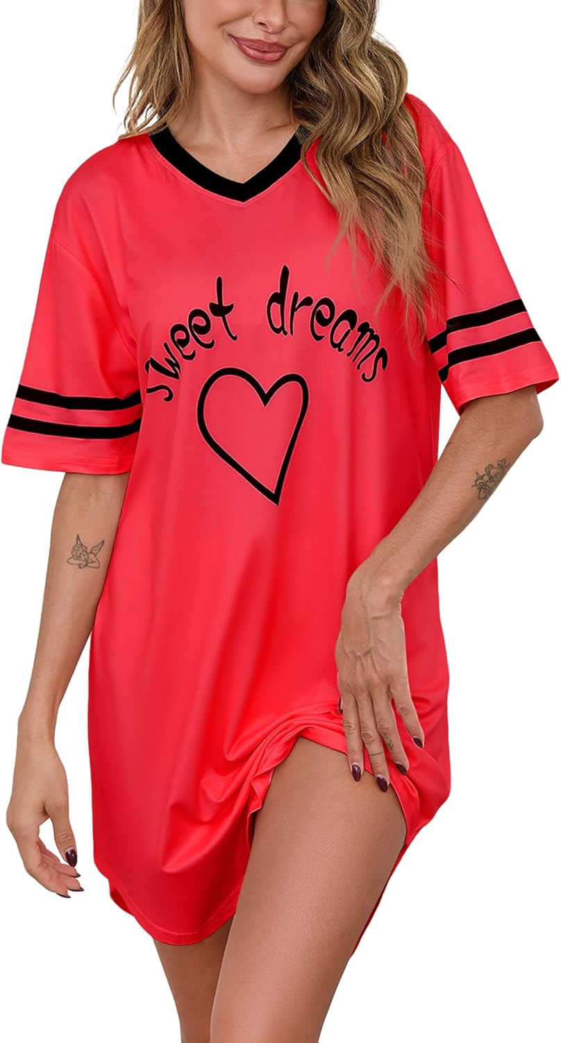 Marvmys Women Short Sleeve Nightgowns Comfy V Neck Nightshirt Casual Lounge Dress Sleepwear