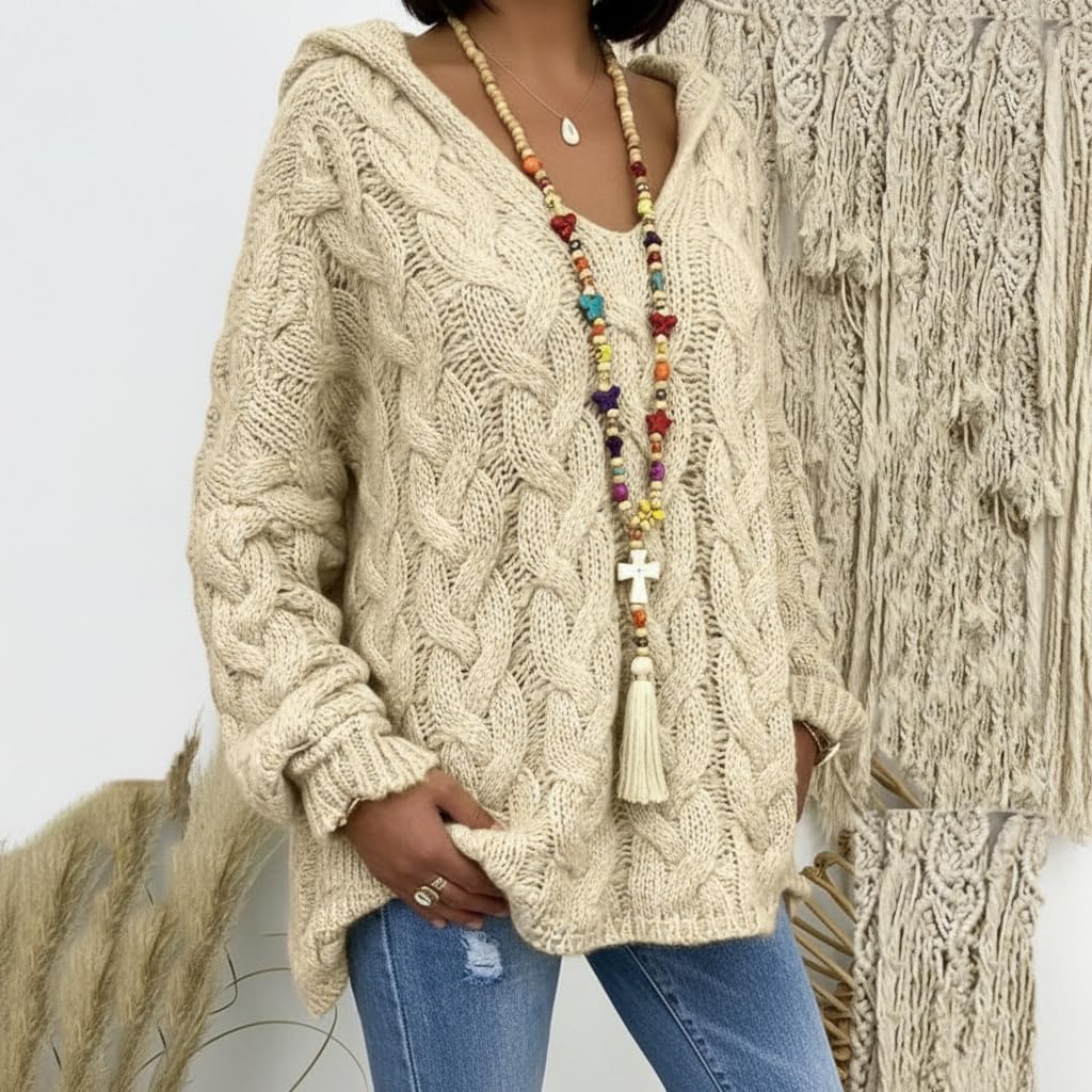 Akivide Womens Plus Size Oversized Chunky Cable Knit Pullover Hooded Sweaters V Neck Long Sleeve Loose Hoodies