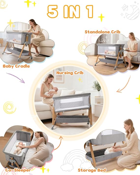 Ktaxon 6 in 1 Baby Bassinet Bedside Bassinet for Baby Crib Rocking Bassinet | Washable Sheets, 4 Sided Breathable Mesh, 6 Height Adjustable, Swivel Wheel with Brake, Elegant Wood Grain Leg (Dark Grey)