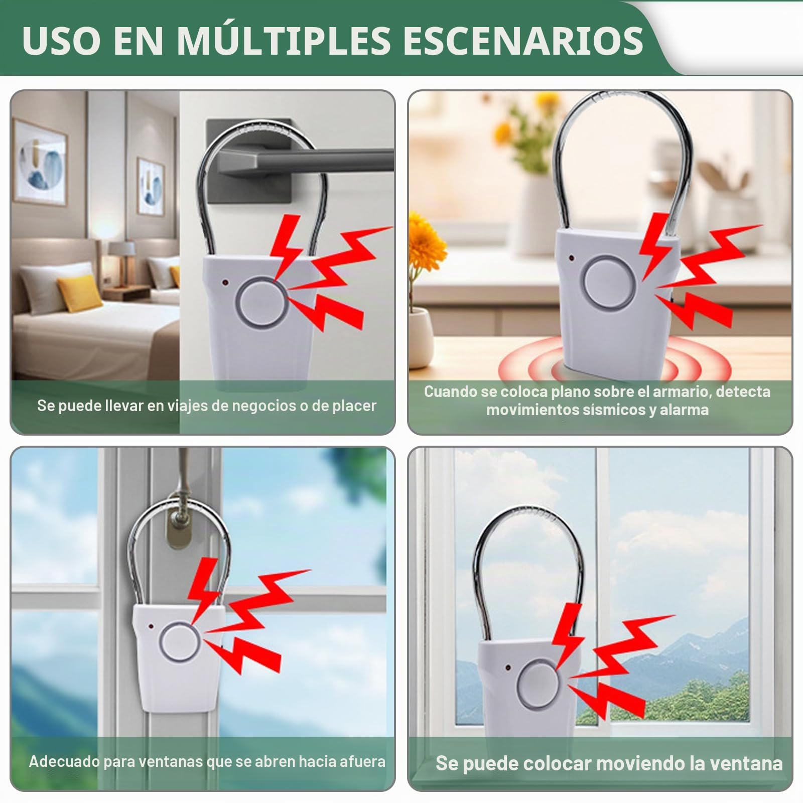 2 piezas de alarma de manija de puerta, alarma antirrobo inalámbrica de 120 dB, sensor táctil y de vibración para puerta y ventana, alerta de seguridad para casa, hotel de viaje, autocaravana, color