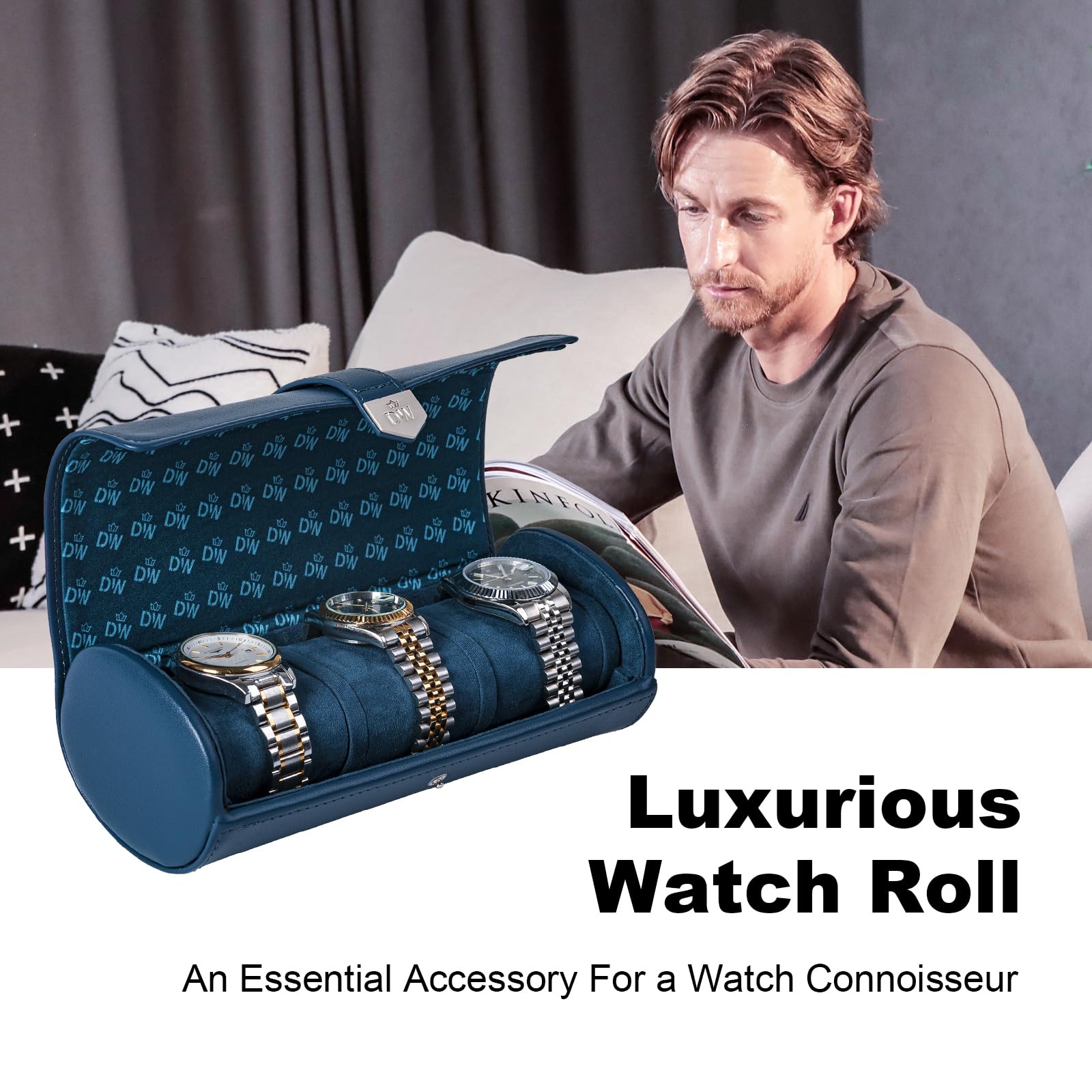 XTELARY Rullo per orologi 3 orologi, custodia da viaggio con cuscino rimovibile per uomo e donna, vetrina in pelle per collezioni di orologi e regalo per anniversario o compleanno (blu portaorologi)