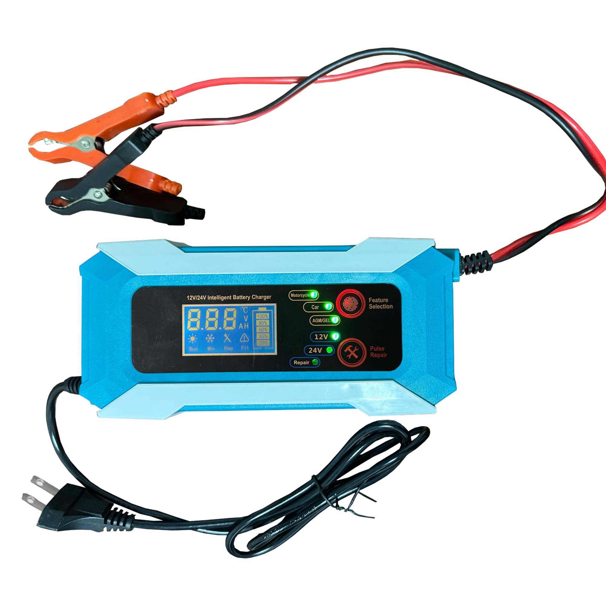 Joelrise Battery Charger 12V/24V 4/8-Amp Smart Car Battery Charger with Battery Maintainer, Trickle Charger, and Battery Desulfator, Featuring Temperature Compensation