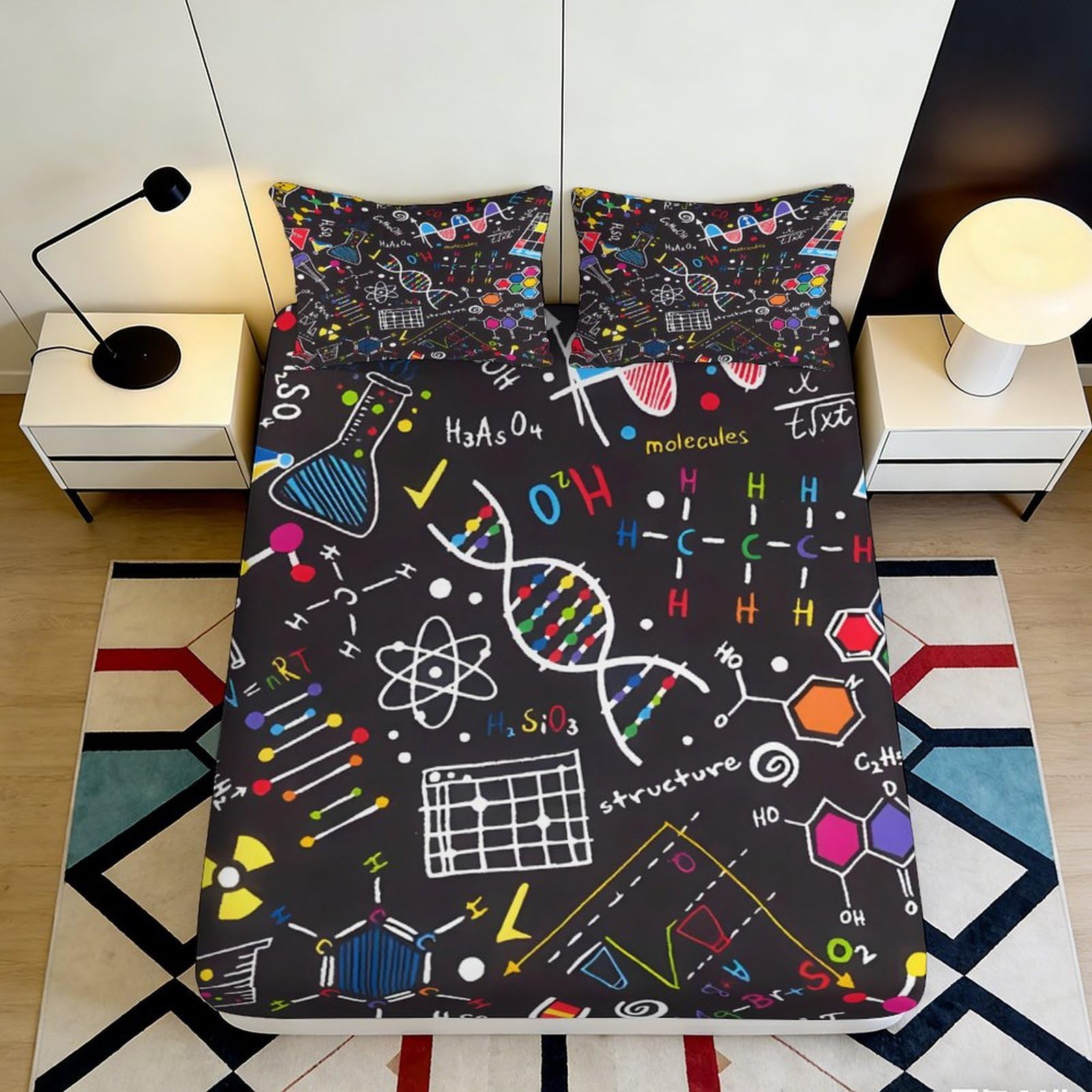 3D Printed Science Formula Fitted Sheet Microfiber Colorful Chemistry Bed Cover for Bedroom Dorm Mattress Protection Decor 90x200x25cm