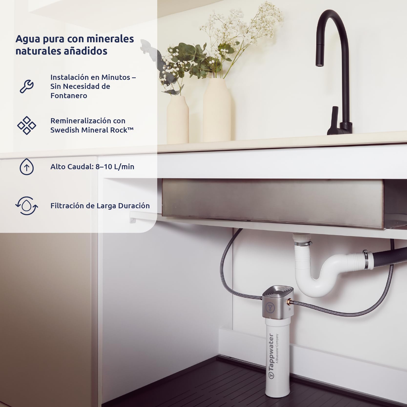 Tappwater InlinePro SMR Filtro de Agua Bajo Fregadero 5 en 1 con Remineralización Natural, Alta Filtración, Elimina +100 Contaminantes, Instalación en Minutos, Agua Mineralizada y Mejor Sabor