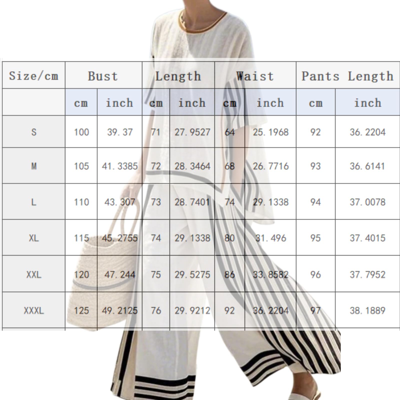Generisch Set di 2 pezzi da donna in lino con strisce oversize, con camicia e pantaloni a mezza manica larga