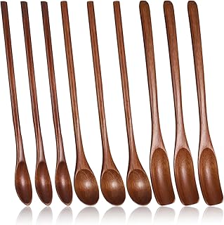 9 Pcs Wooden Honey Spoons, Long Handle Wooden Spoons, Wood Teaspoons, Small Wood Coffee Spoon, Kitchen Cooking Table Spoon for Jam, Dessert Stirring, Coffee (7.87 Inch, 3 Style)