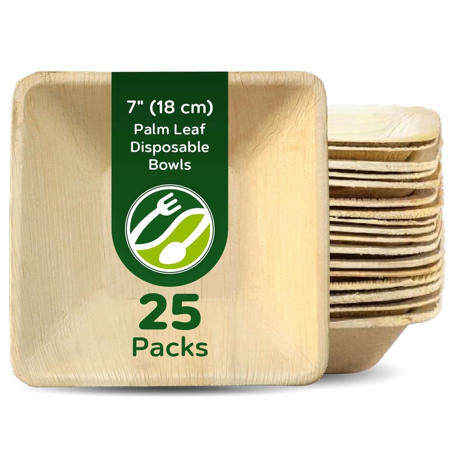 ECO Leaf 25 Disposable Palm Leaf Square Bowls 7" (18cm), 525ml (18oz), Compostable Soup, Dessert & Salad Bowls, Deep Square