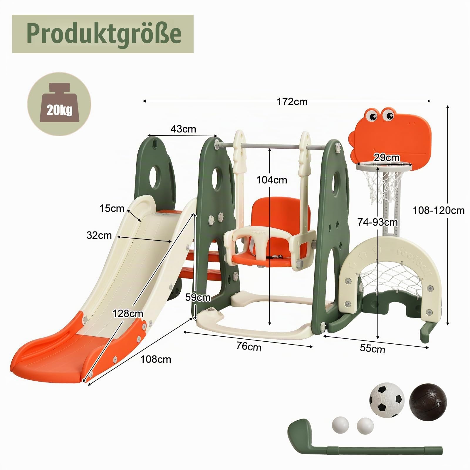 HOMASIS 6-in-1 Kinderrutsche mit Schaukel, Freistehende Rutsche & Schaukel & Basketballkorb & Kletterleiter & Fußballtor & Golfloch, Kinder Spielplatz für ab 3 Jahre Indoor & Outdoor (Orange+Grün)