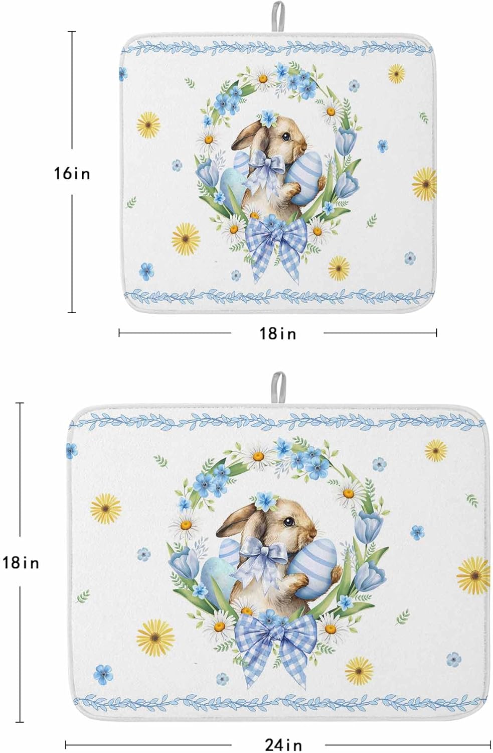 Easter Rabbits Eggs Dish Drying Mat for Kitchen Counter, Microfiber Dishes Drainer Mat Rack Pad, Watercolor Floral Daisy Bunny Bow Spring Absorbent Dish Bottle Drying Mats, 18''x24'', 2 Pack