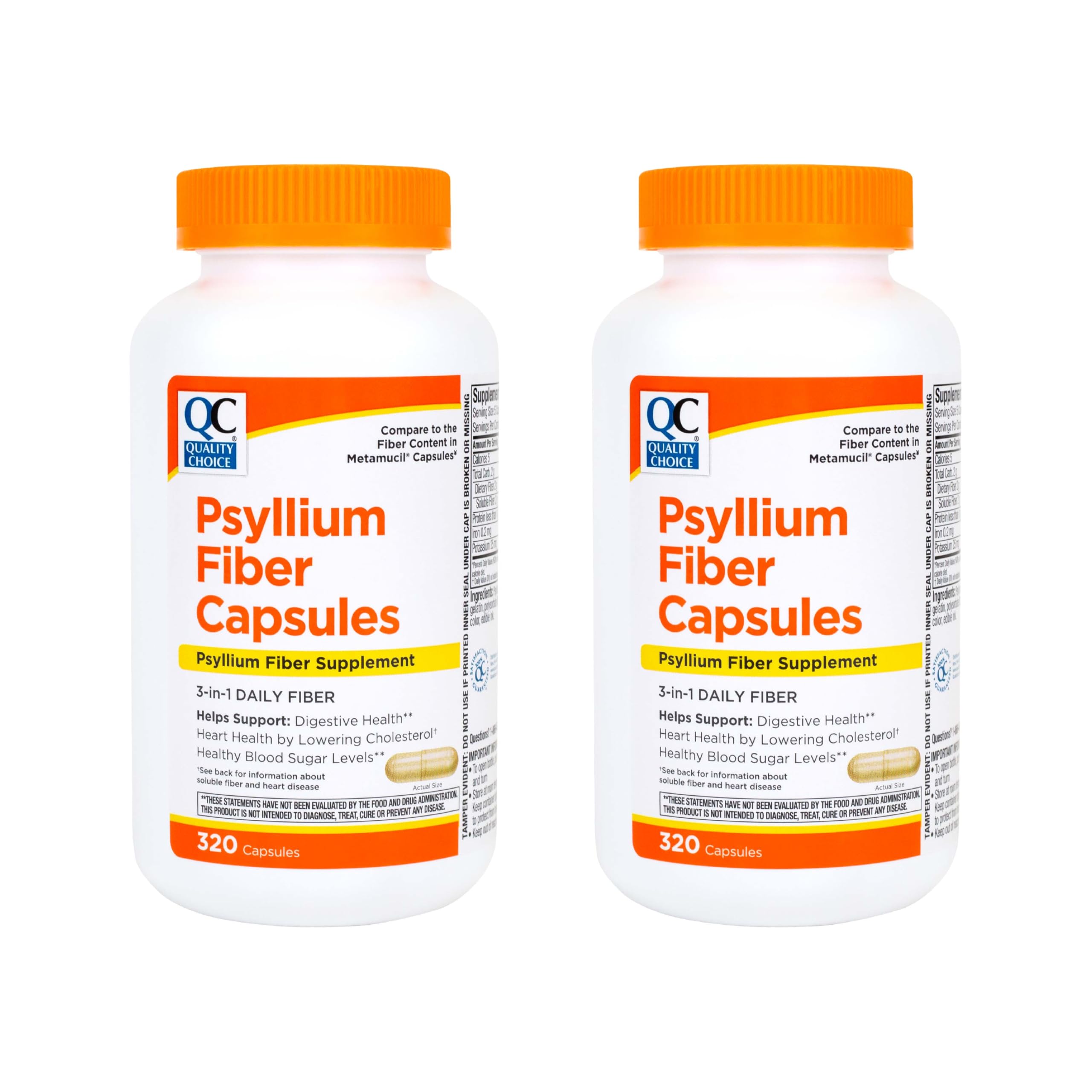 Quality Choice Psyllium Fiber Capsules, 1.8 Grams of 3 in 1 Soluble Fiber per Serving for Regularity. Plant Based Value Size Convenient Daily Supply, 320 Count.