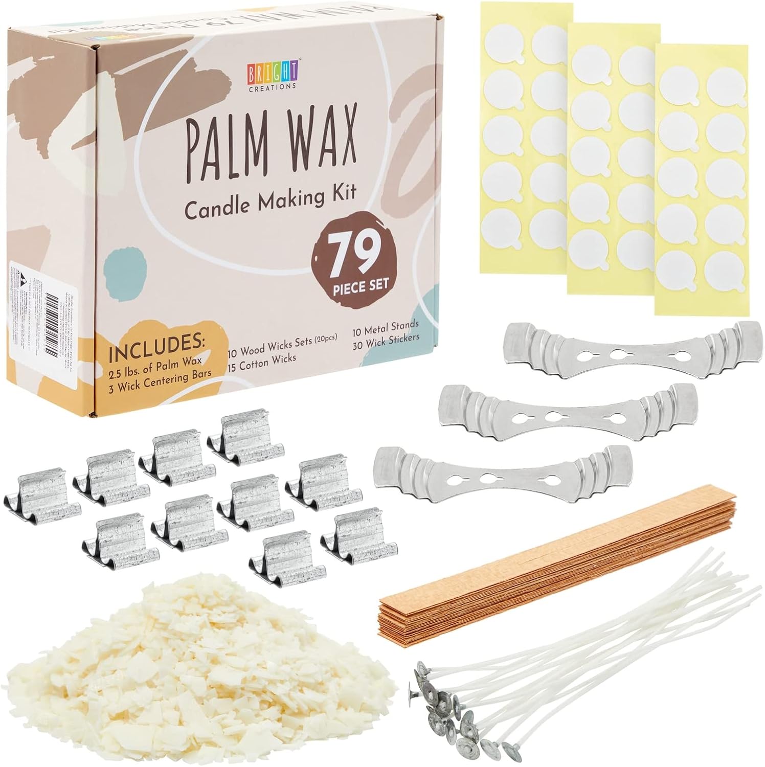 Bright Creations 79 Piece Palm Wax Candle Making Kit, DIY Supplies with Iron Stands, Wood and Cotton Wicks, Centering Bars, Adhesive Stickers (2.5 lbs)