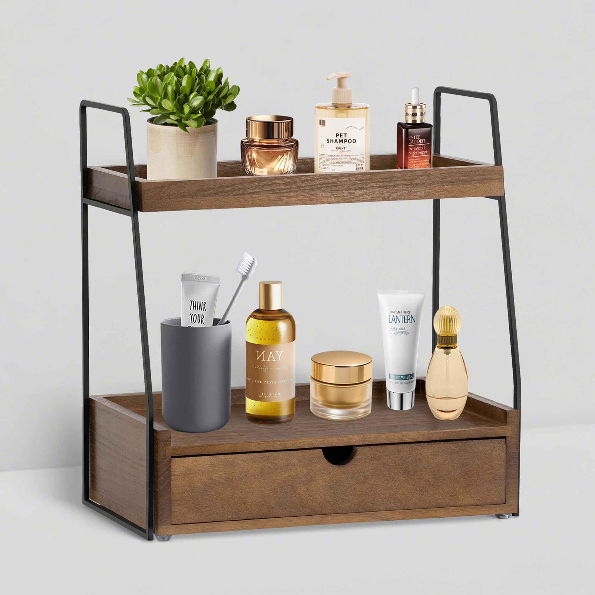 2-Tier Bathroom Organizer Countertop with Drawer, Wood Counter Organizer for Bathroom Decor, Sink Shelf for Vanity Storage, Makeup Tray for Perfume Skincare Bedroom Kitchen Corner