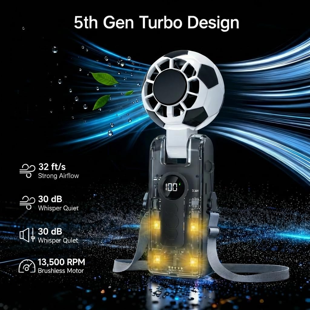 QQT Portable Handheld Turbo Fan with Ice Cooling,5 Speed Battery Rechargeable Foldable,4-Mode LED Lights,Up to 12 Hrs,Small Portable Fan for Travel,Working,Gifts for World Cup Football Fansm,Black image 5