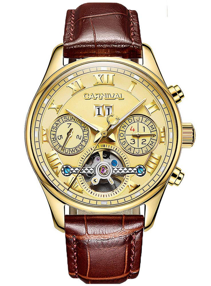 CARNIVAL Mens Automatic Self Wind Tourbillon Days Mouths Week Analog Gilded Case Sapphire Glass Watches