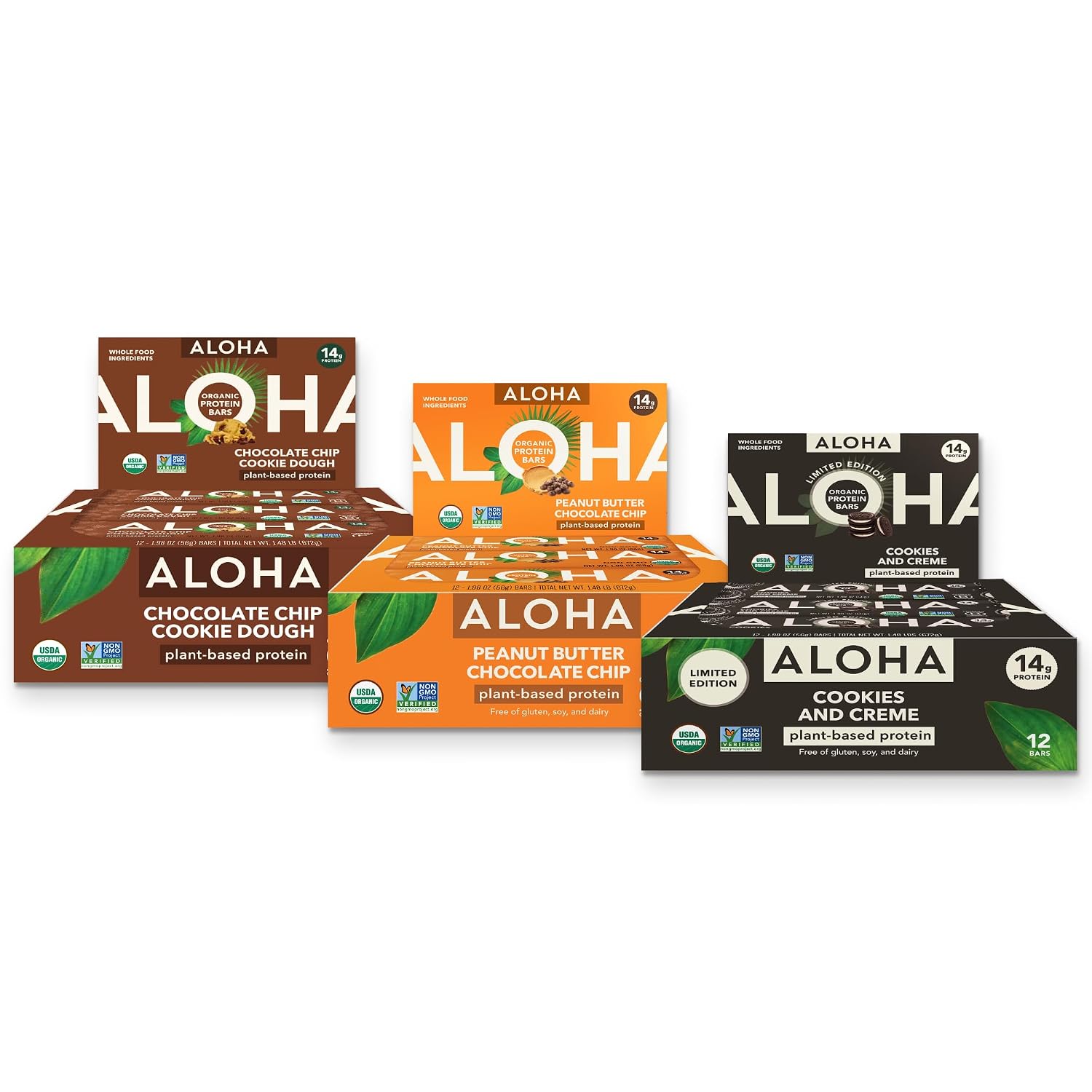 ALOHA Organic Plant-Based Protein Bars Bundle — Chocolate Chip Cookie Dough + PB Chocolate Chip + Cookies and Creme | 36 Bars (1.98oz, 12+12+12) | 14g Protein, 10g Fiber, 5g Sugar | Lunchbox · After-S