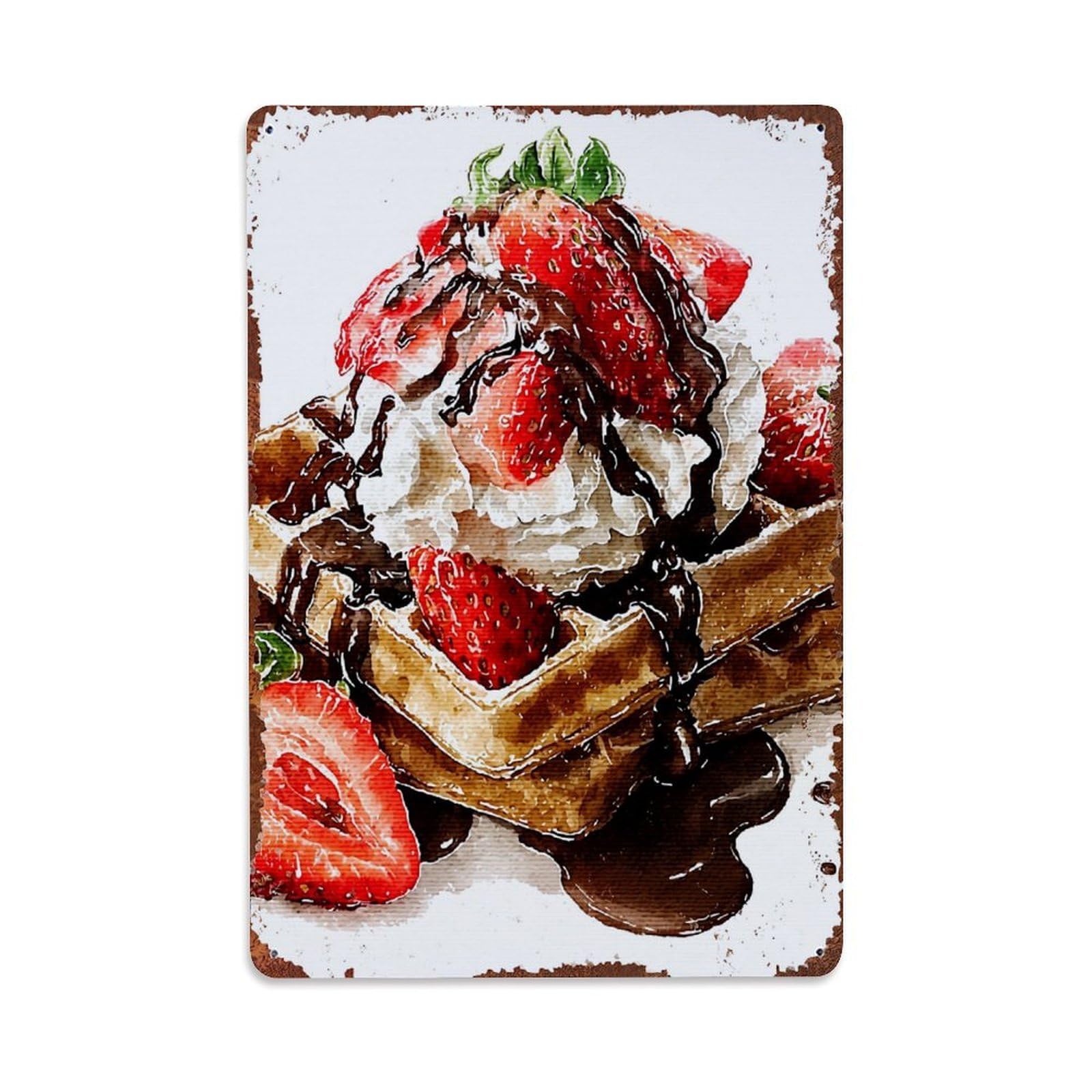 Strawberry Chocolate Waffle Dessert Art Retro Metal Tin Sign, Vintage Decor Art Poster for Bar, Home, Man Cave, Kitchen, Laundry Room Gift 8x12Inch