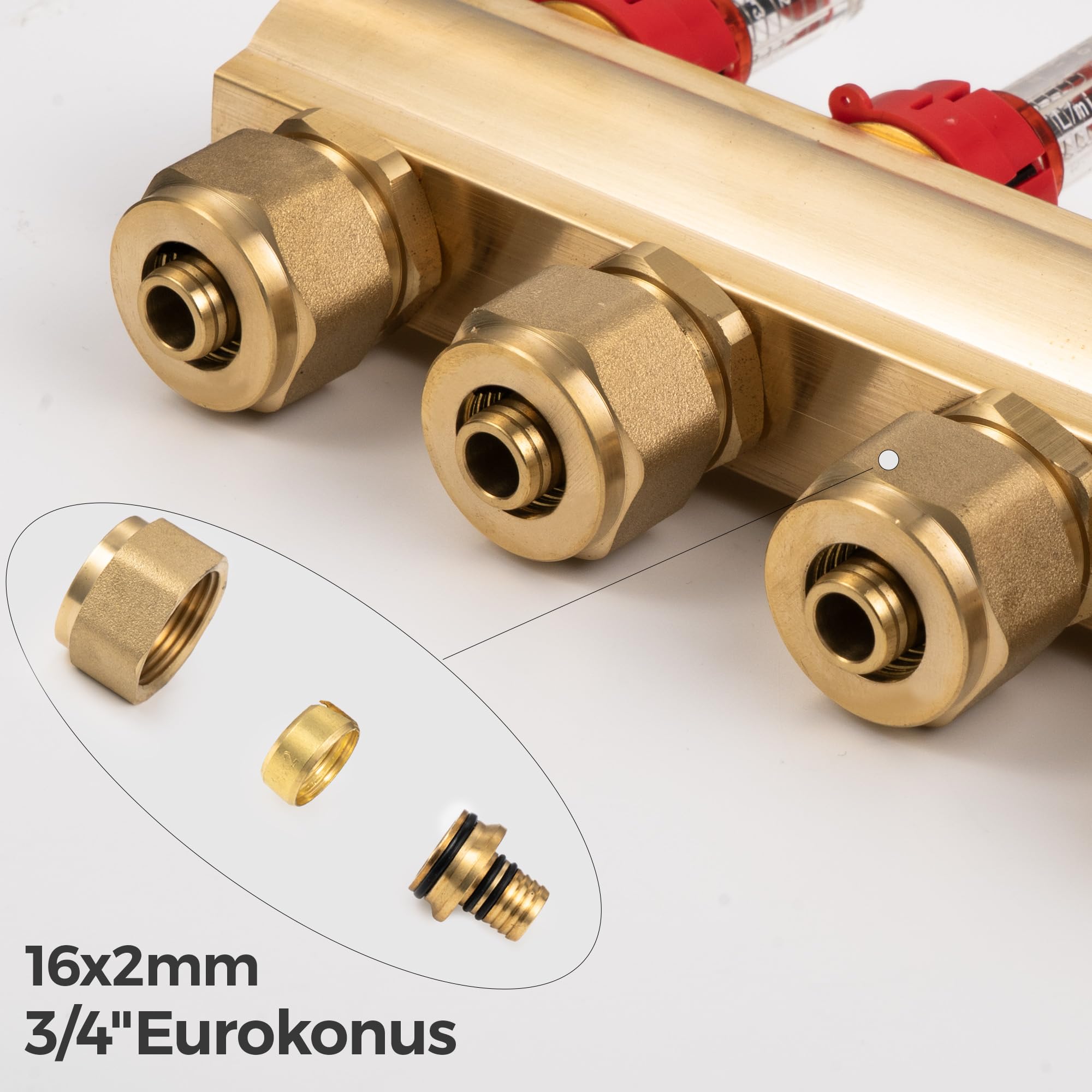 VANCOCO Collettore Pavimento Riscaldatore in Ottone per 4 Circuiti con Raccordo Eurokonus 16 × 2 mm, Collettore per Riscaldamento con Flussometri Kit di Spurgo Rapido