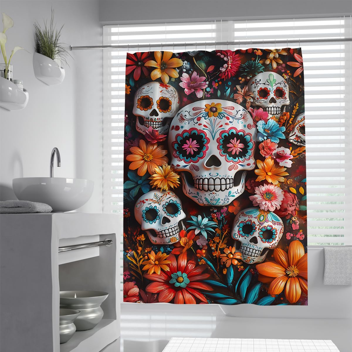 UIRINGART Mexican Sugar Skull Bath Screen W120xL200cm Day of the Dead Colorful Floral Bouquet Pattern Quick Drying Waterproof Shower Curtains for Walk-in Shower with Hooks