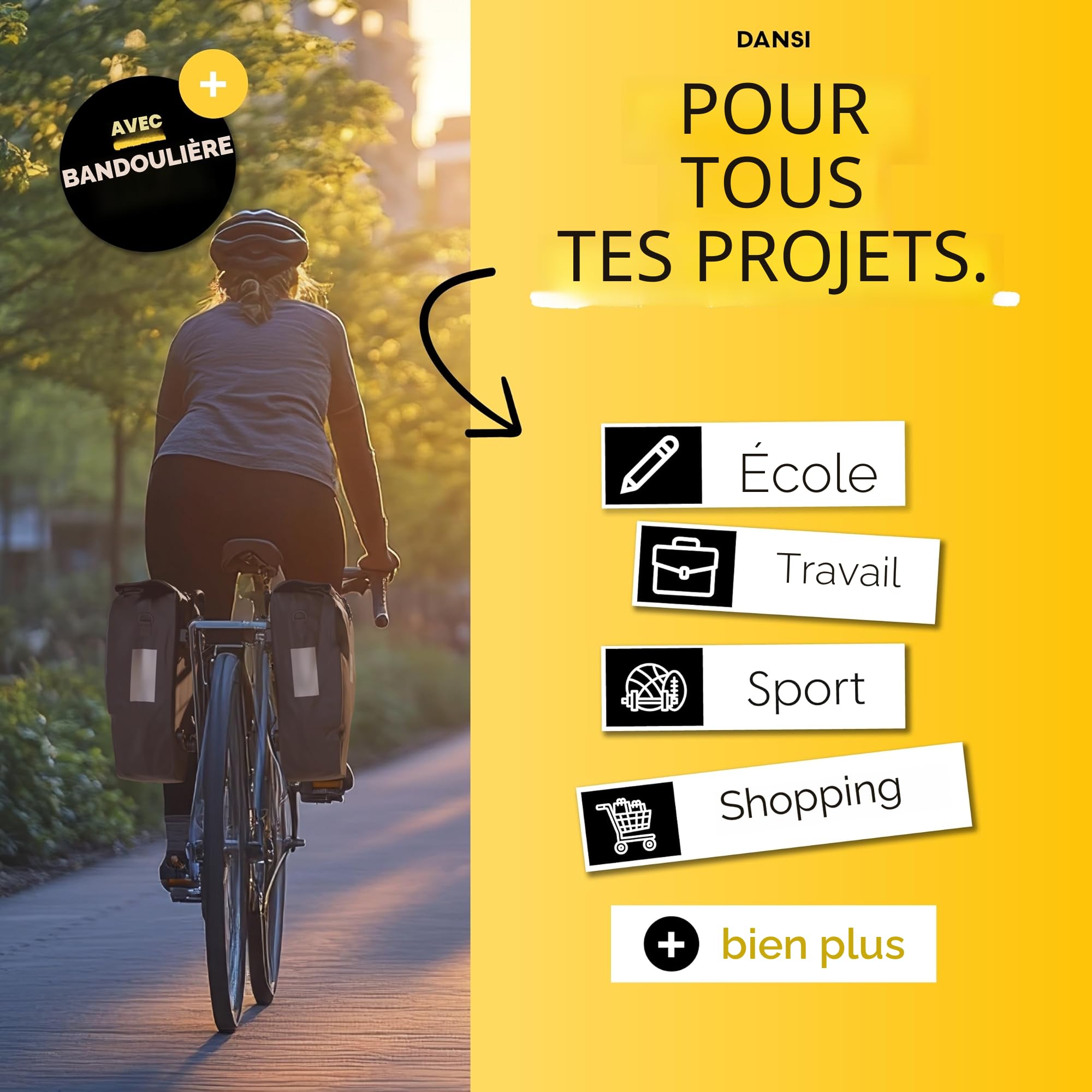 Dansi Sacoches de vélo 20L pour Porte-Bagages, avec bandoulière et poignée, Sacoche de vélo 100% imperméable avec réflecteurs et système de clic, Noir (Lot de 2)